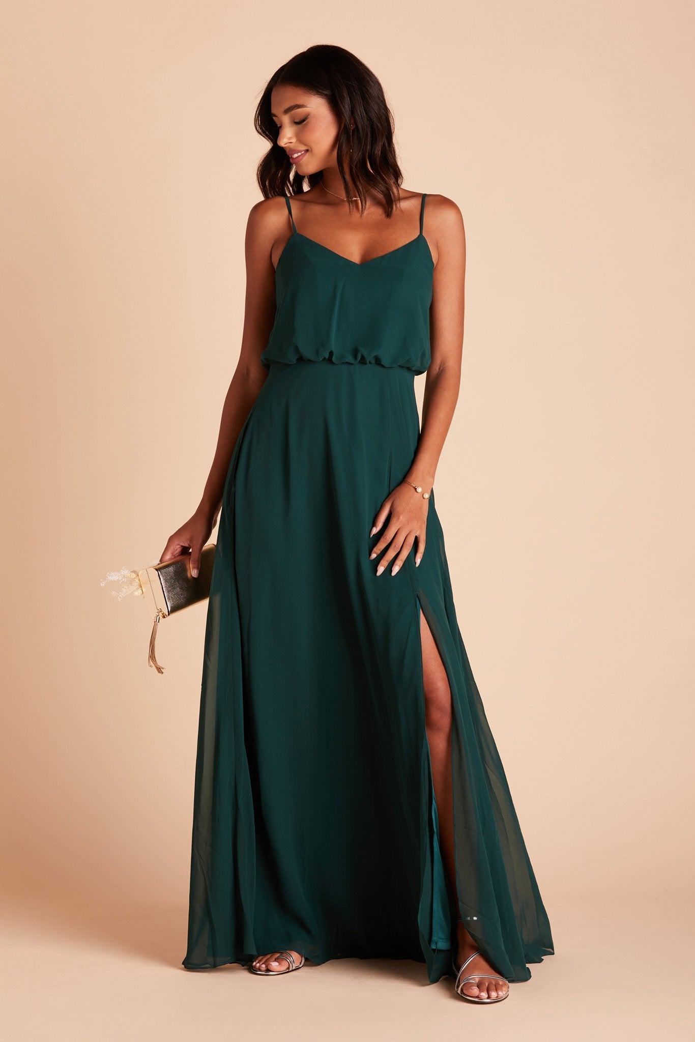 Gwennie bridesmaid dress with slit in emerald green chiffon by Birdy Grey, front view