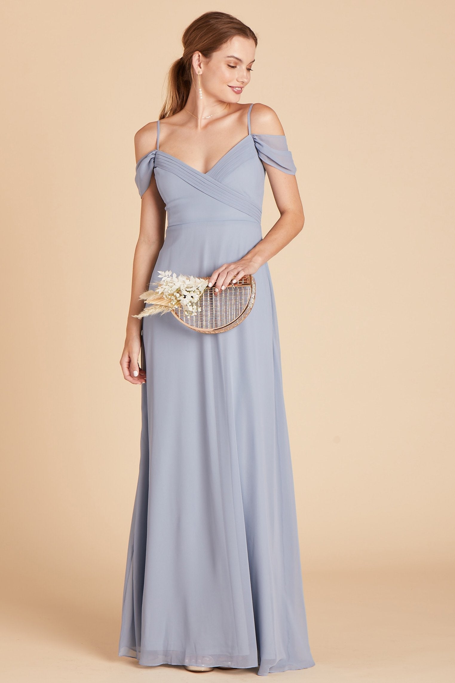 Spence convertible bridesmaid dress in dusty blue chiffon by Birdy Grey, front view