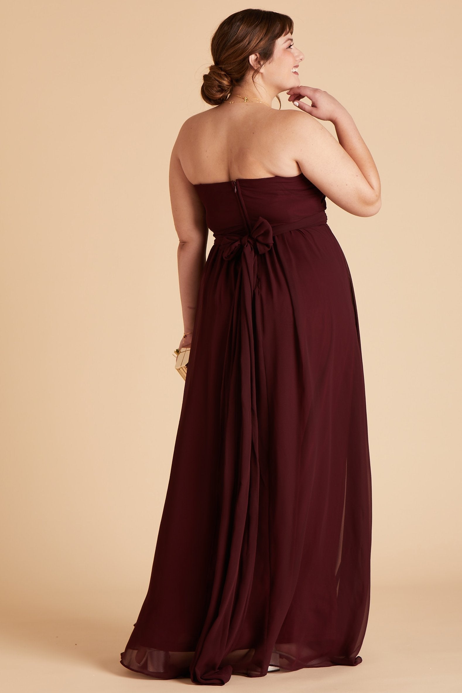 Grace convertible plus size bridesmaid dress in cabernet burgundy chiffon by Birdy Grey, back view