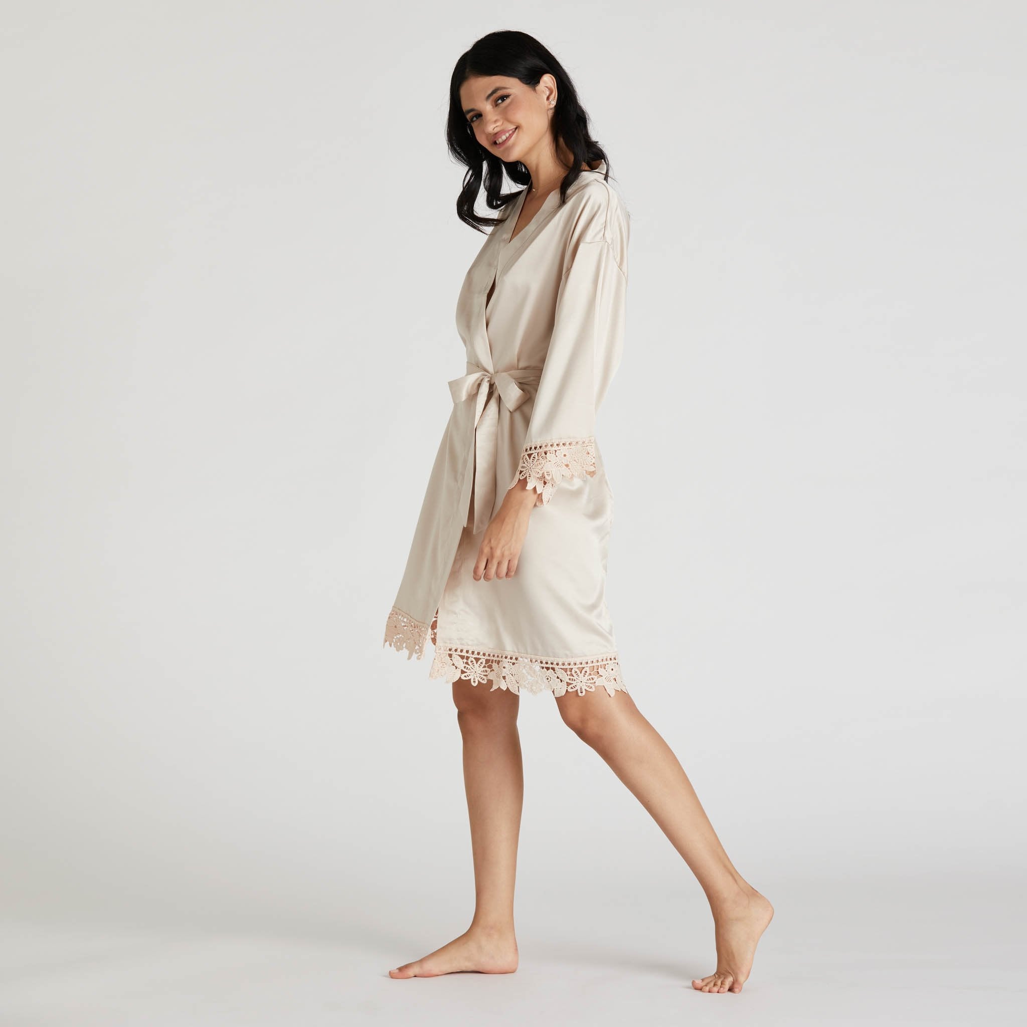 Satin Lace Robe in champagne by Birdy Grey, side view