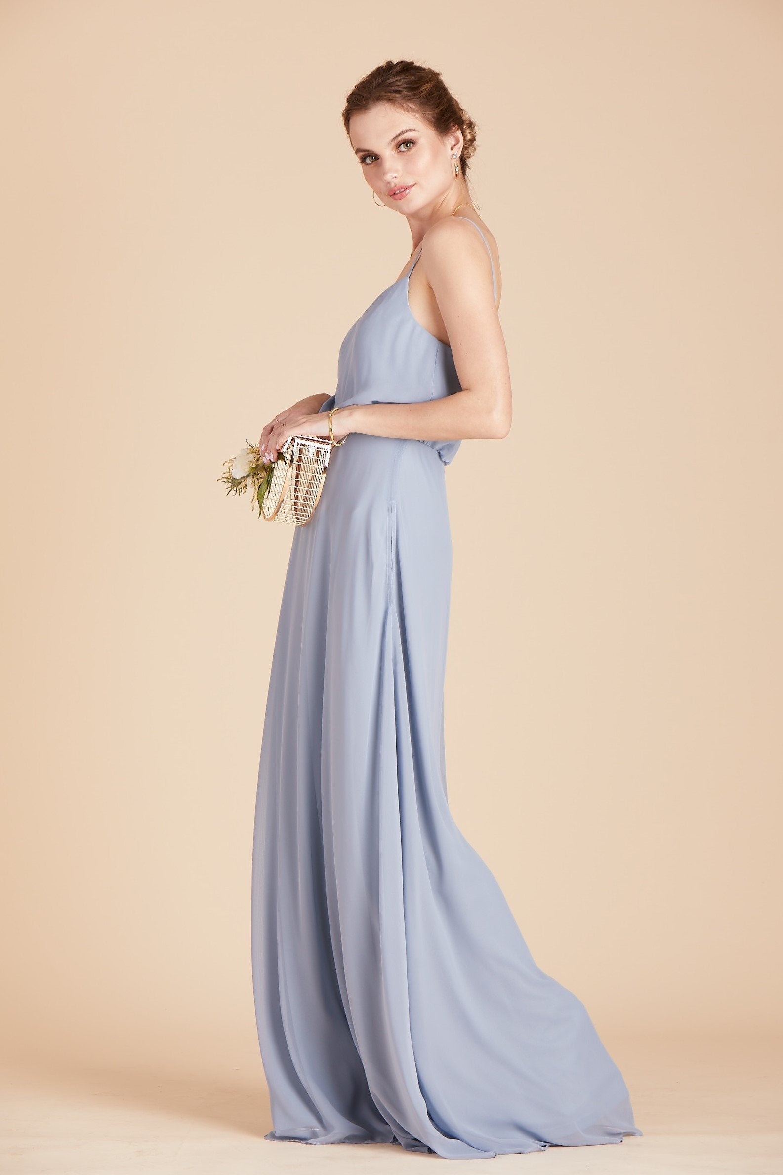 Gwennie bridesmaid dress in dusty blue chiffon by Birdy Grey, side view