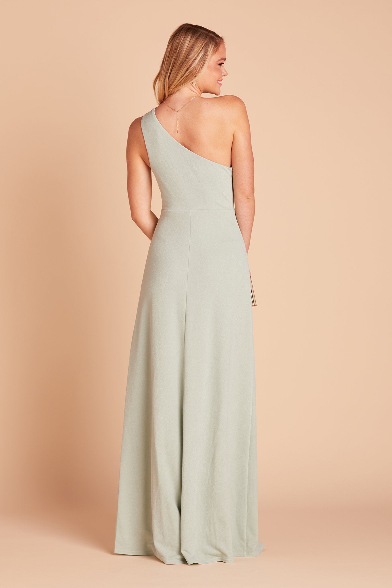 Kira bridesmaid dress in sage green crepe by Birdy Grey, back view