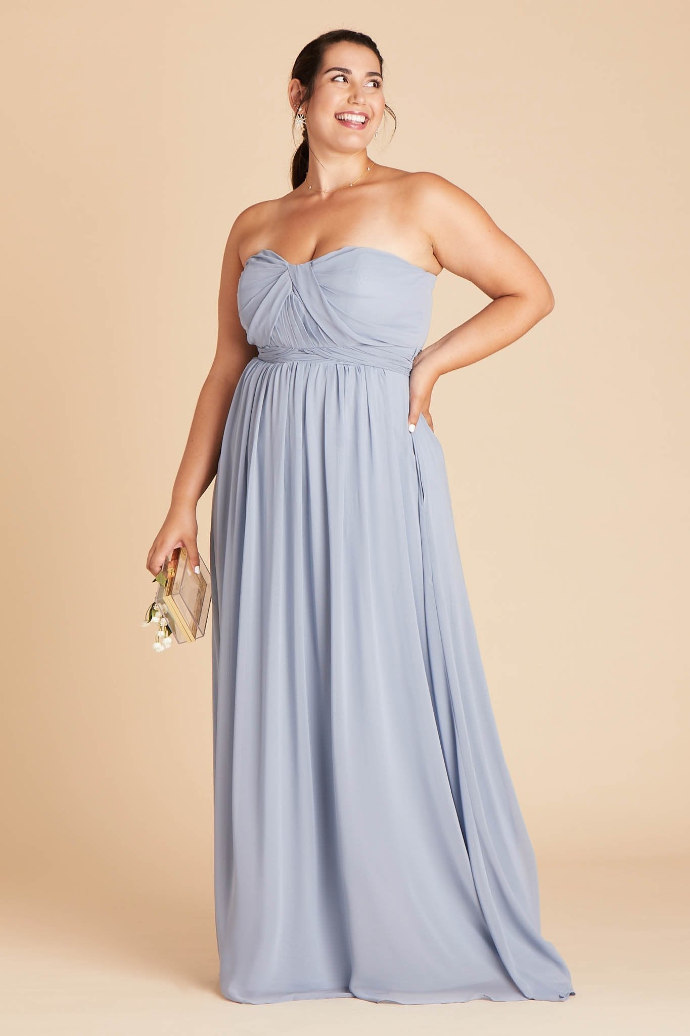 Grace convertible plus size bridesmaid dress in dusty blue chiffon by Birdy Grey, front view