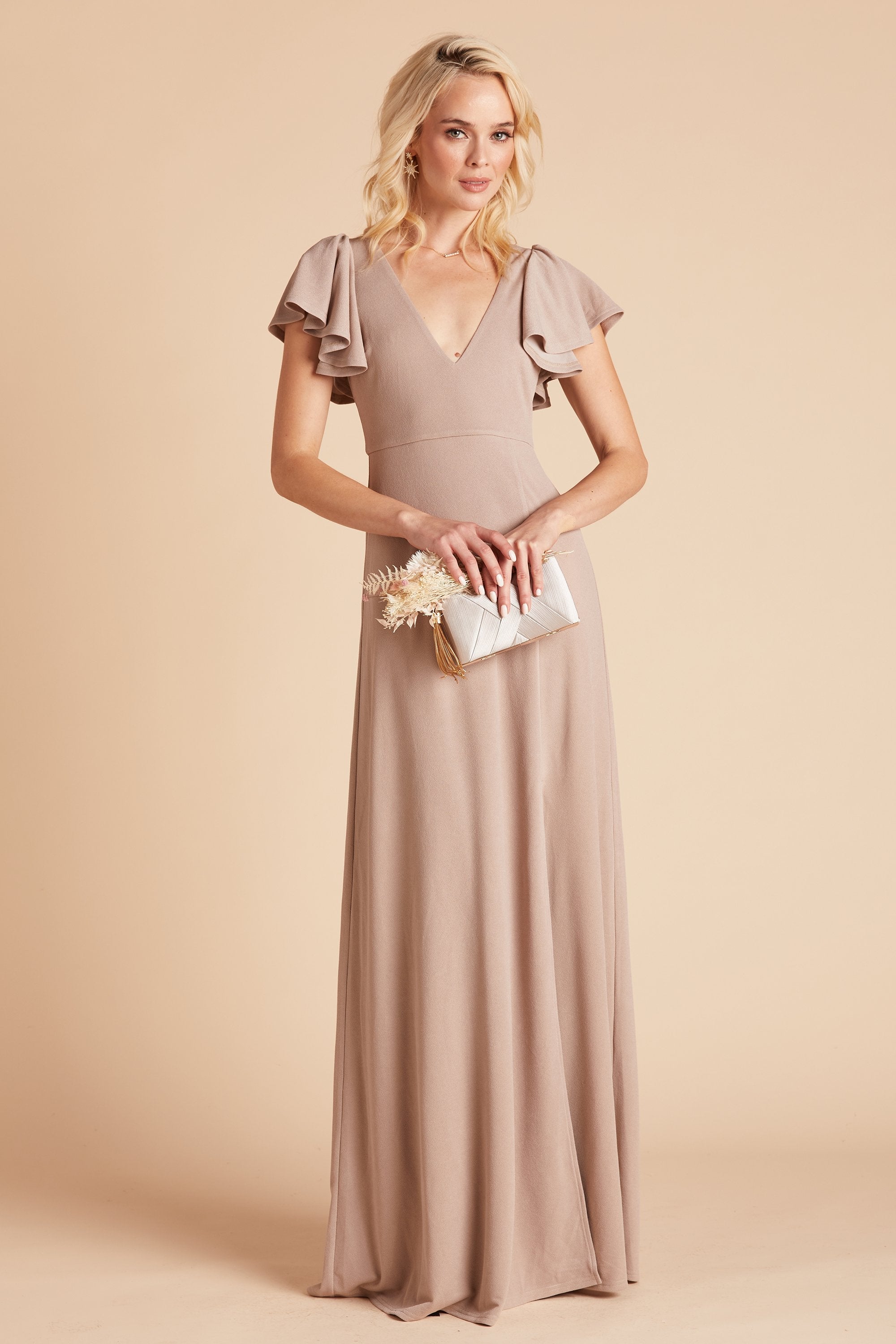 Hannah bridesmaid dress in taupe crepe by Birdy Grey, front view