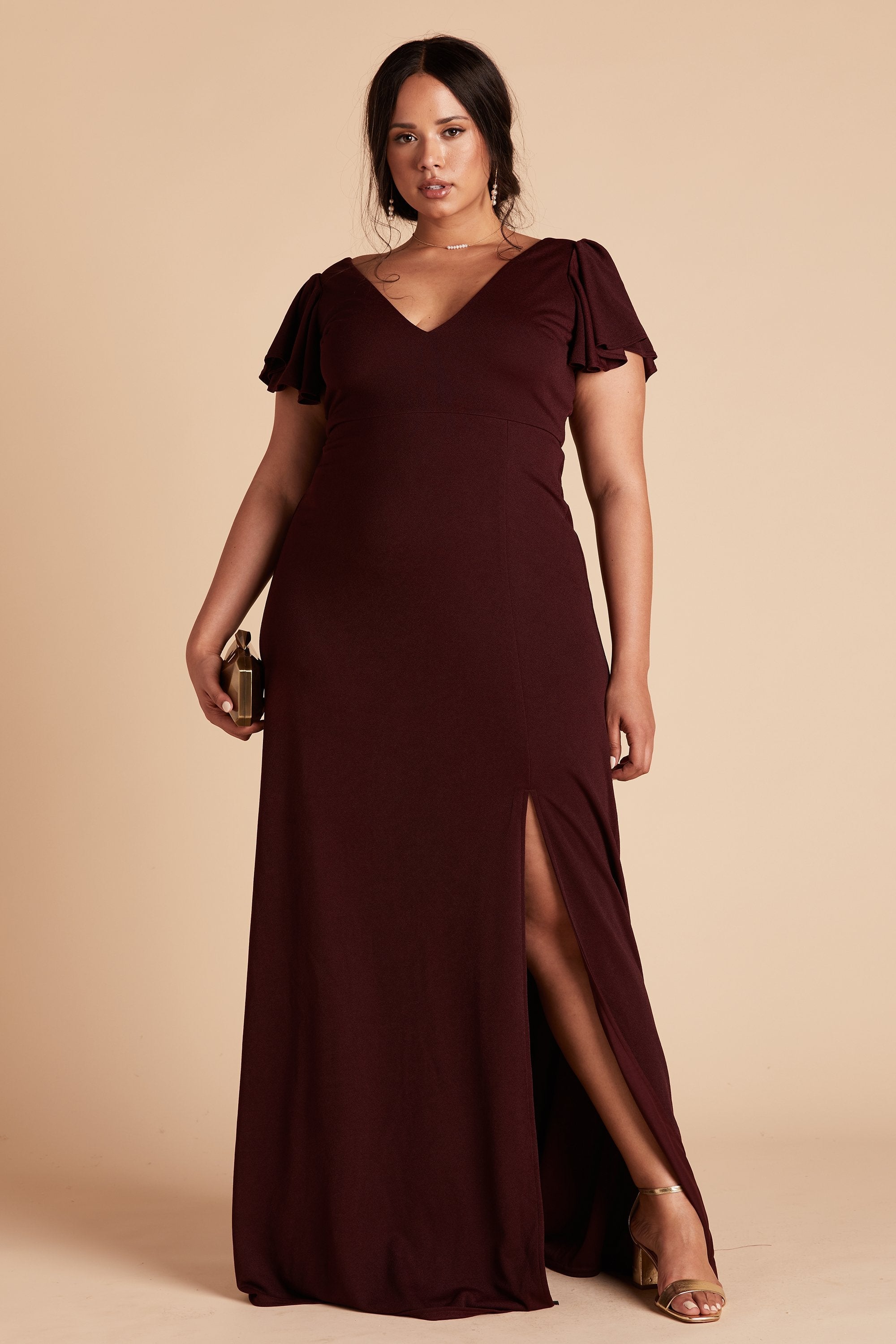 Hannah plus size bridesmaid dress with slit in cabernet burgundy crepe by Birdy Grey, front view