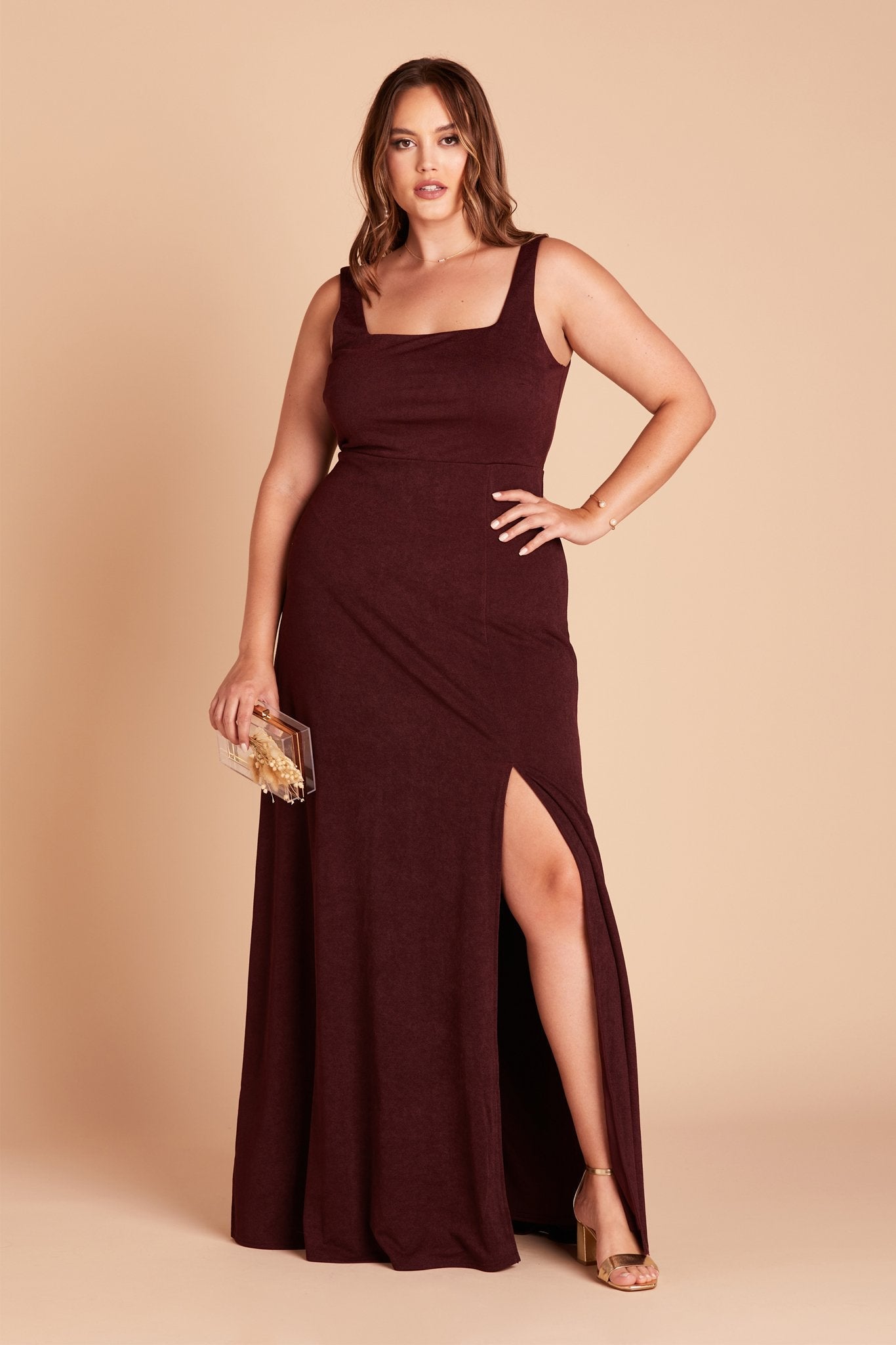 Alex convertible plus size bridesmaid dress with slit in cabernet burgundy crepe by Birdy Grey, front view