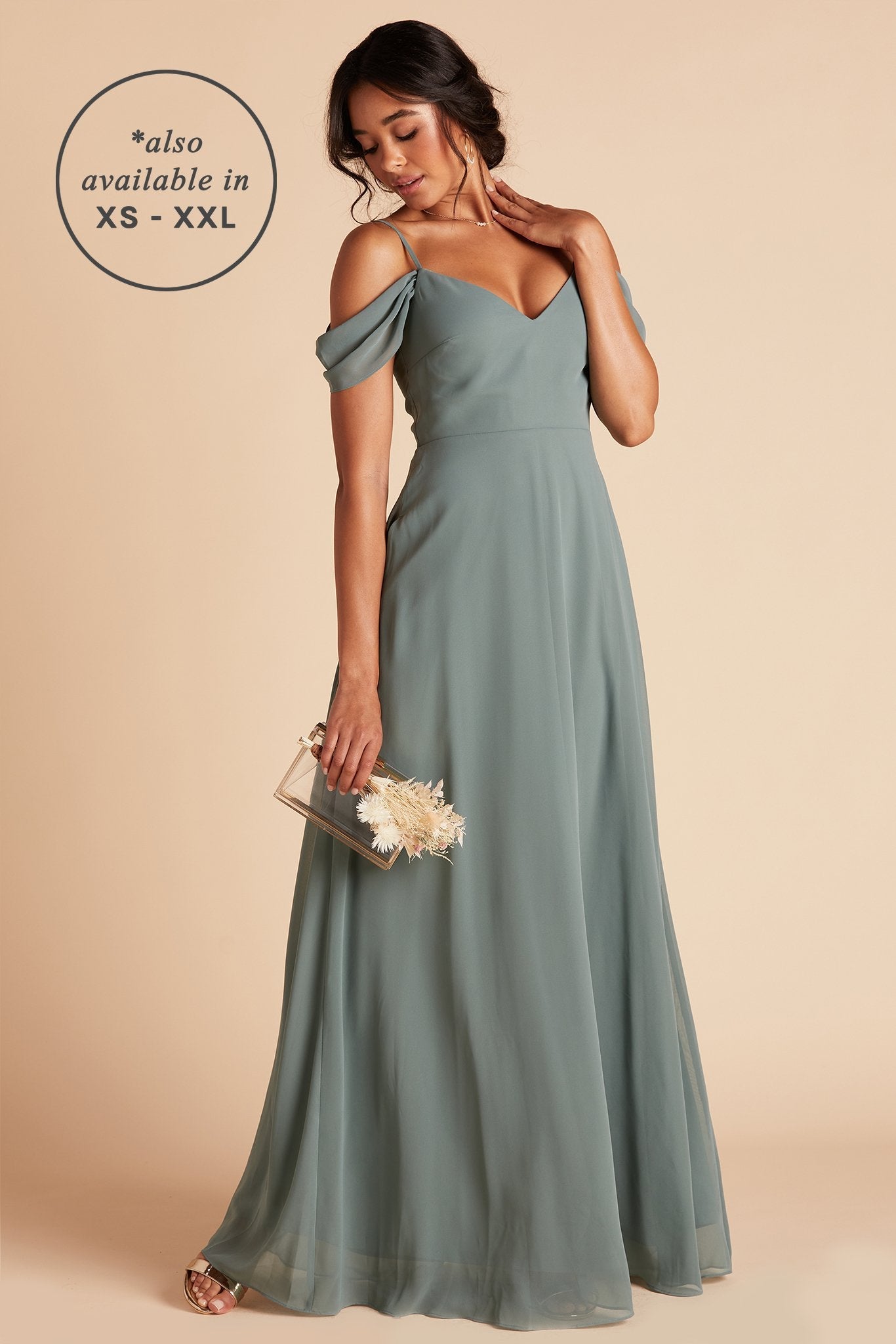 Devin convertible bridesmaids dress in sea glass green chiffon by Birdy Grey, front view