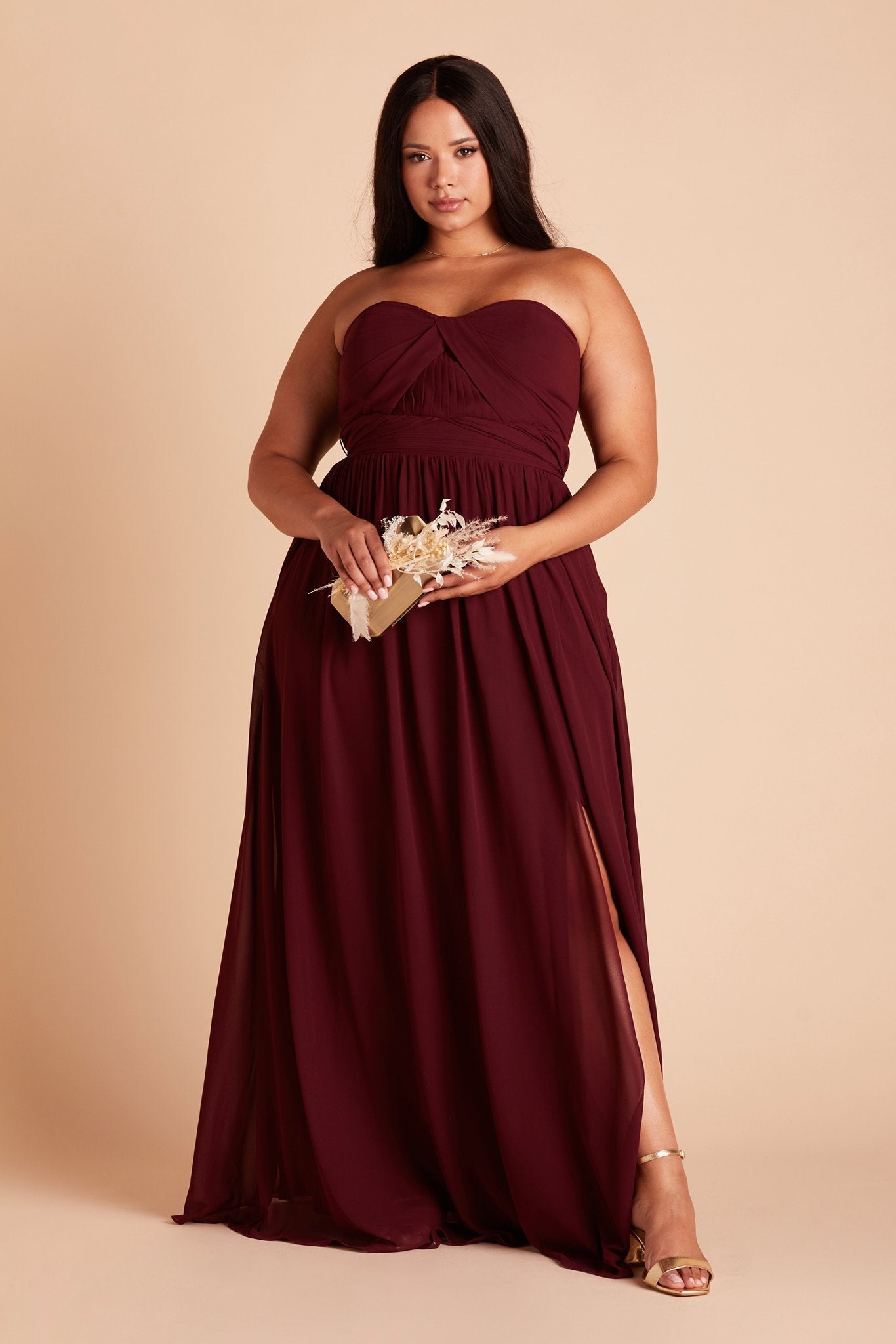 Grace convertible plus size bridesmaid dress with slit in cabernet burgundy chiffon by Birdy Grey, front view