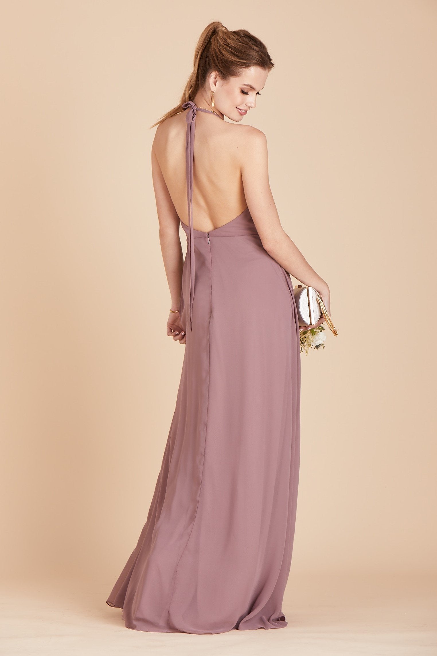 Moni convertible bridesmaids dress in dark mauve purple chiffon by Birdy Grey, back view