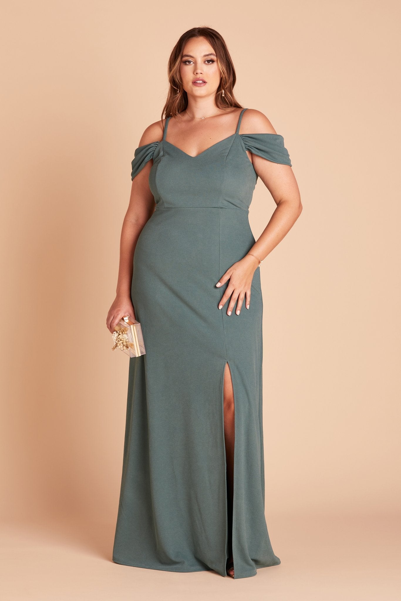 Dev plus size bridesmaid dress with slit in sea glass green crepe by Birdy Grey, front view