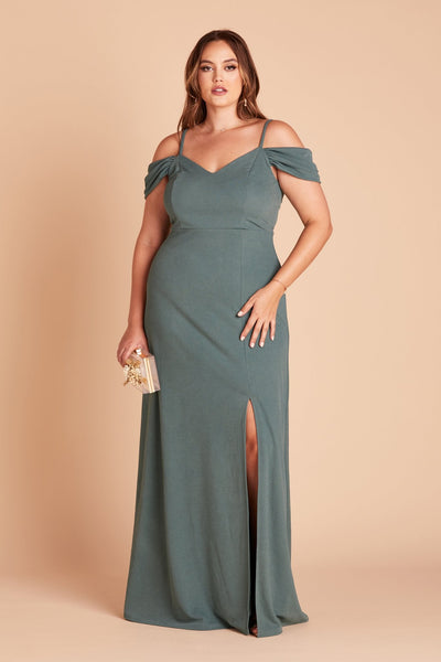 Dev plus size bridesmaid dress with slit in sea glass green crepe by Birdy Grey, front view