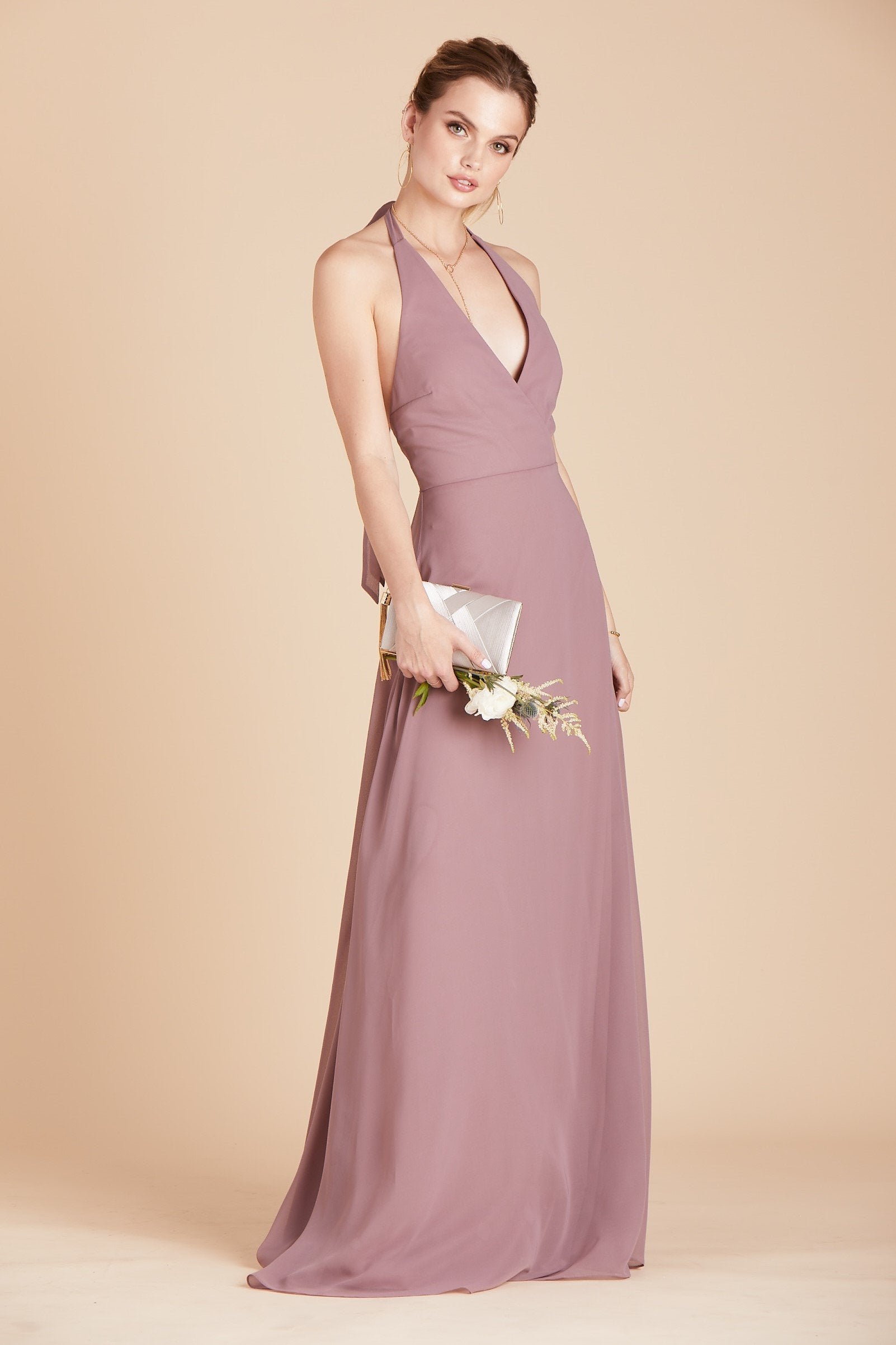 Moni convertible bridesmaids dress in dark mauve purple chiffon by Birdy Grey, front view