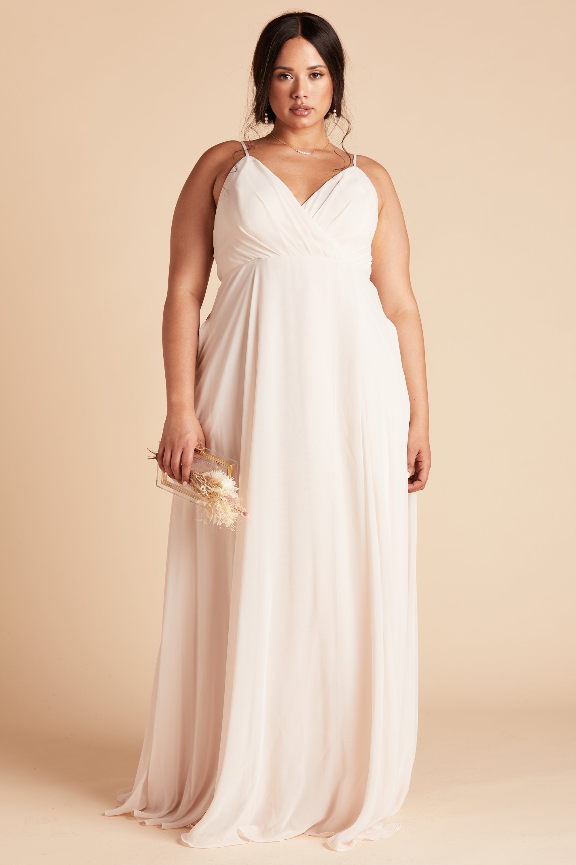 Kaia plus size bridesmaids dress in champagne chiffon by Birdy Grey, front view