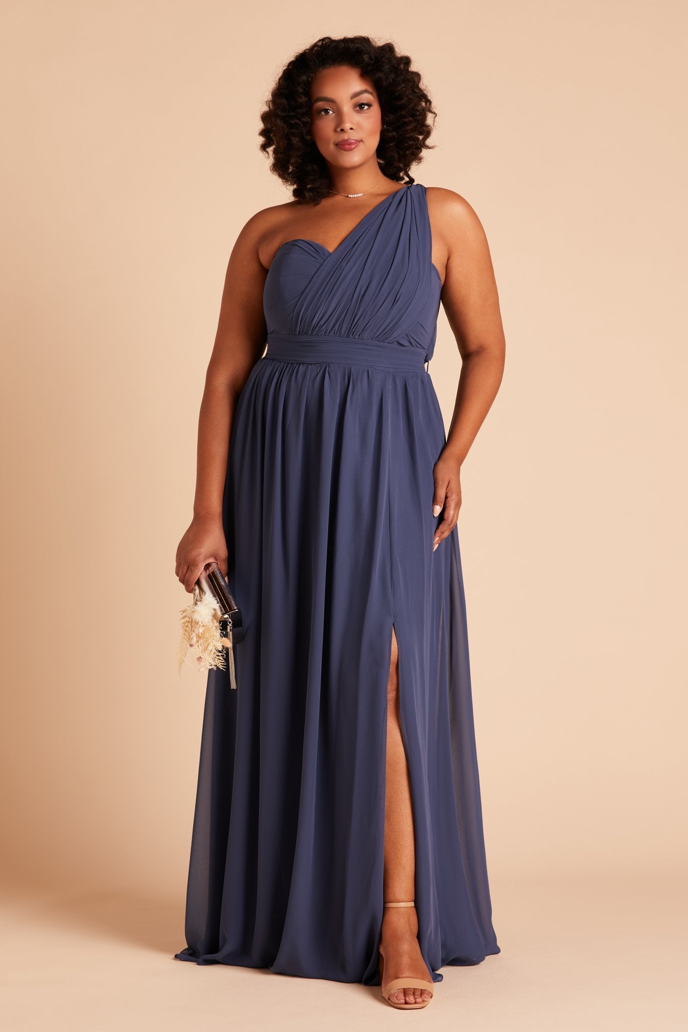 Grace convertible plus size bridesmaid dress with slit in slate blue chiffon by Birdy Grey, front view