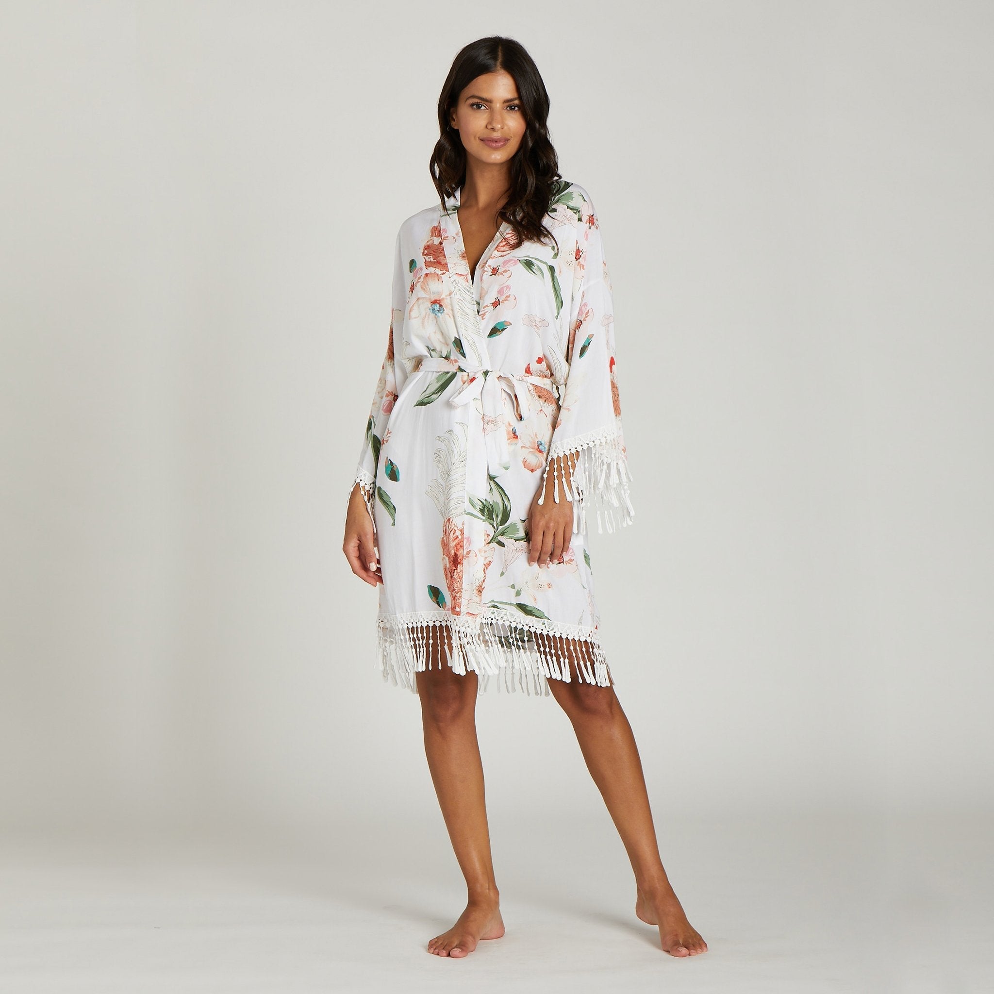 Floral Tassel Robe in white by Birdy Grey, front view