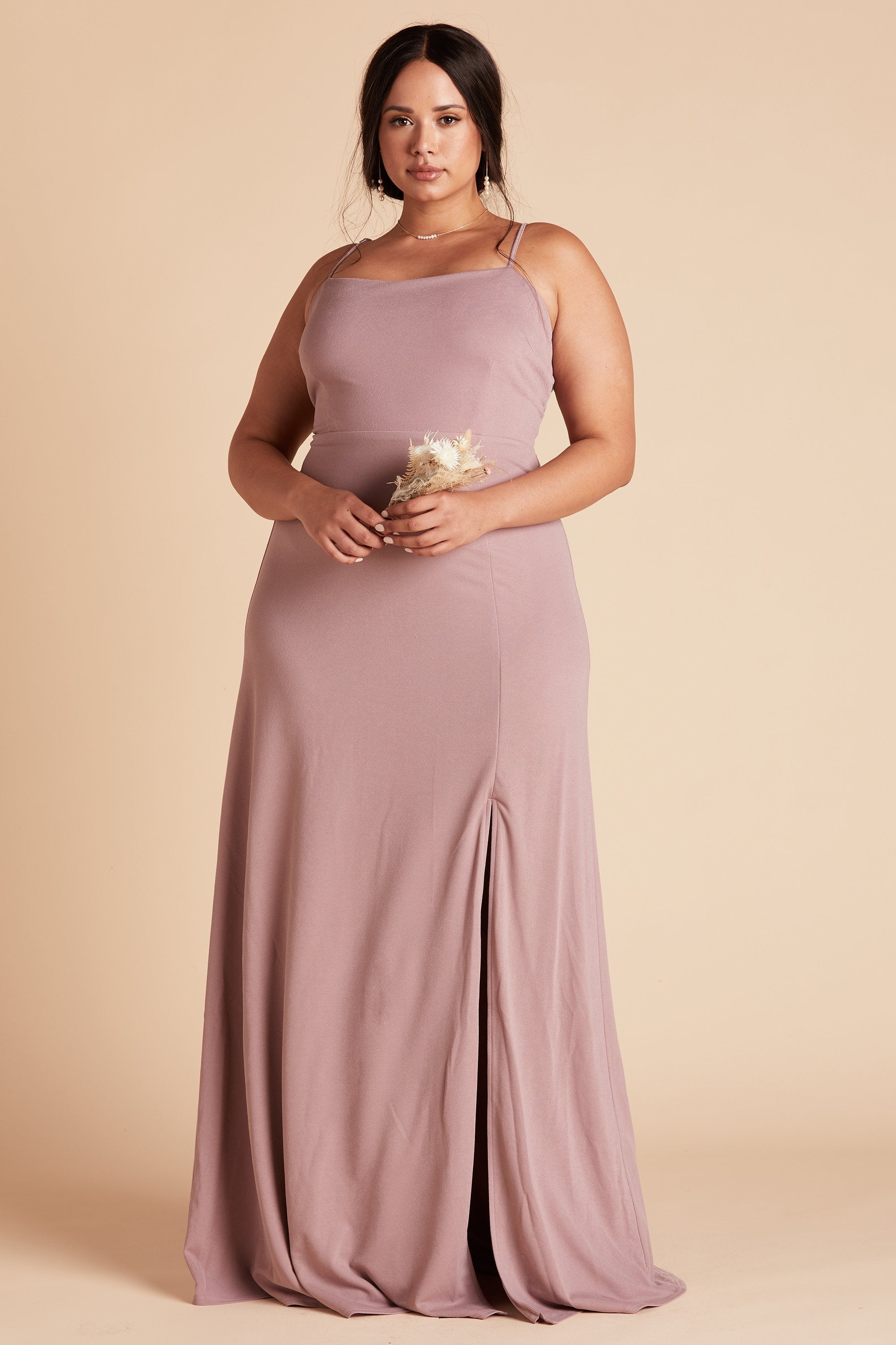 Benny plus size bridesmaid dress with slit in dark mauve crepe by Birdy Grey, front view