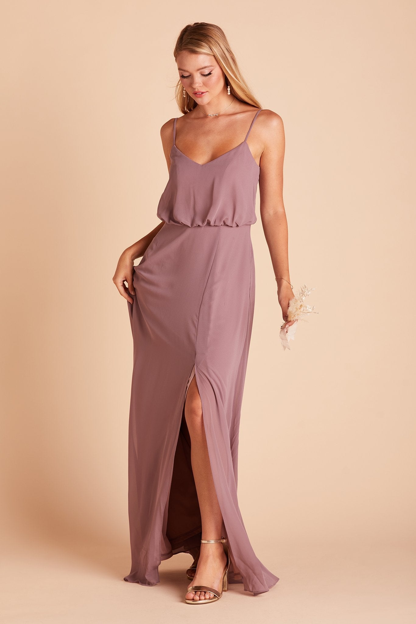 Gwennie bridesmaid dress with slit in dark mauve chiffon by Birdy Grey, front view