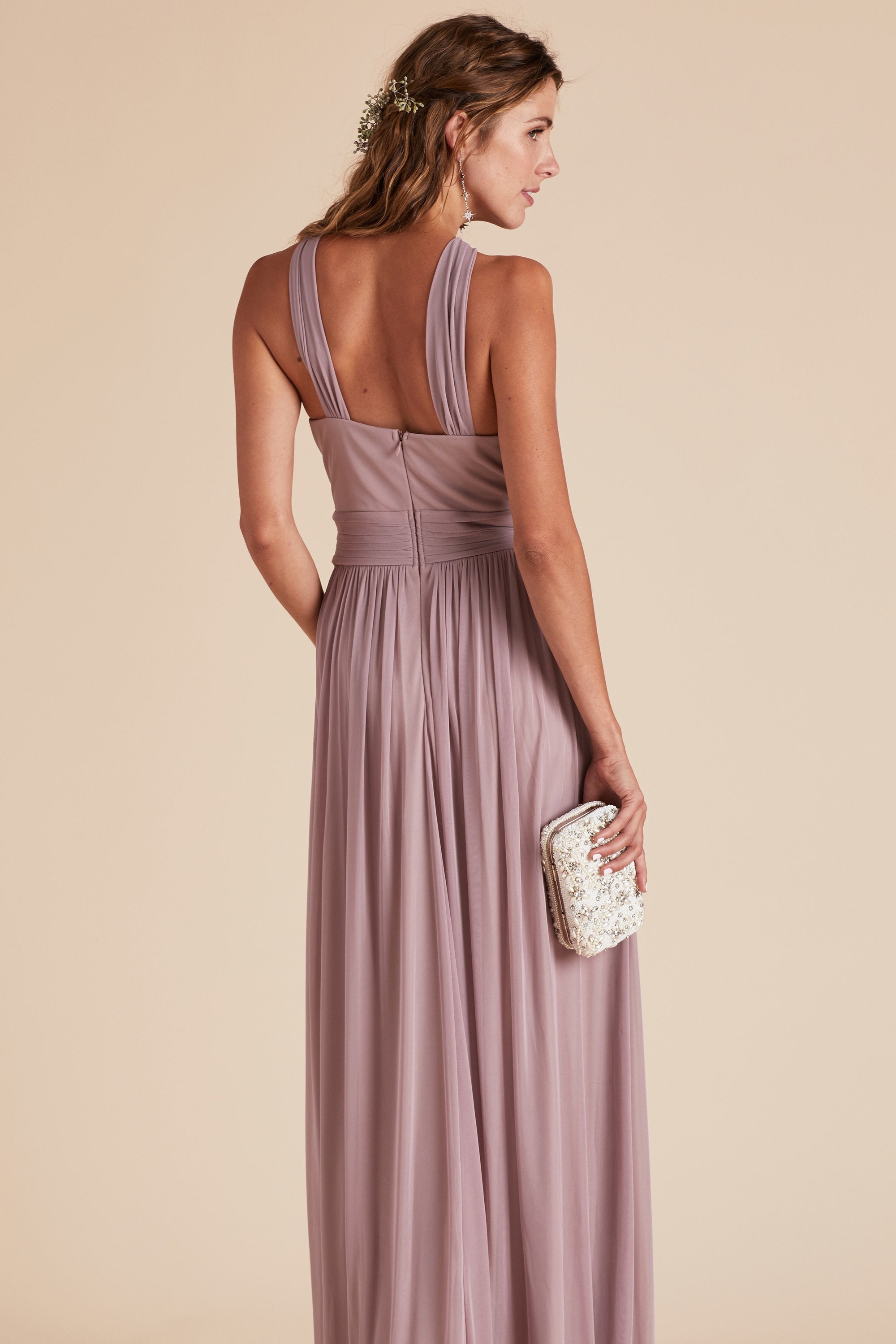 Kiko bridesmaid dress in mauve pink chiffon by Birdy Grey, back view