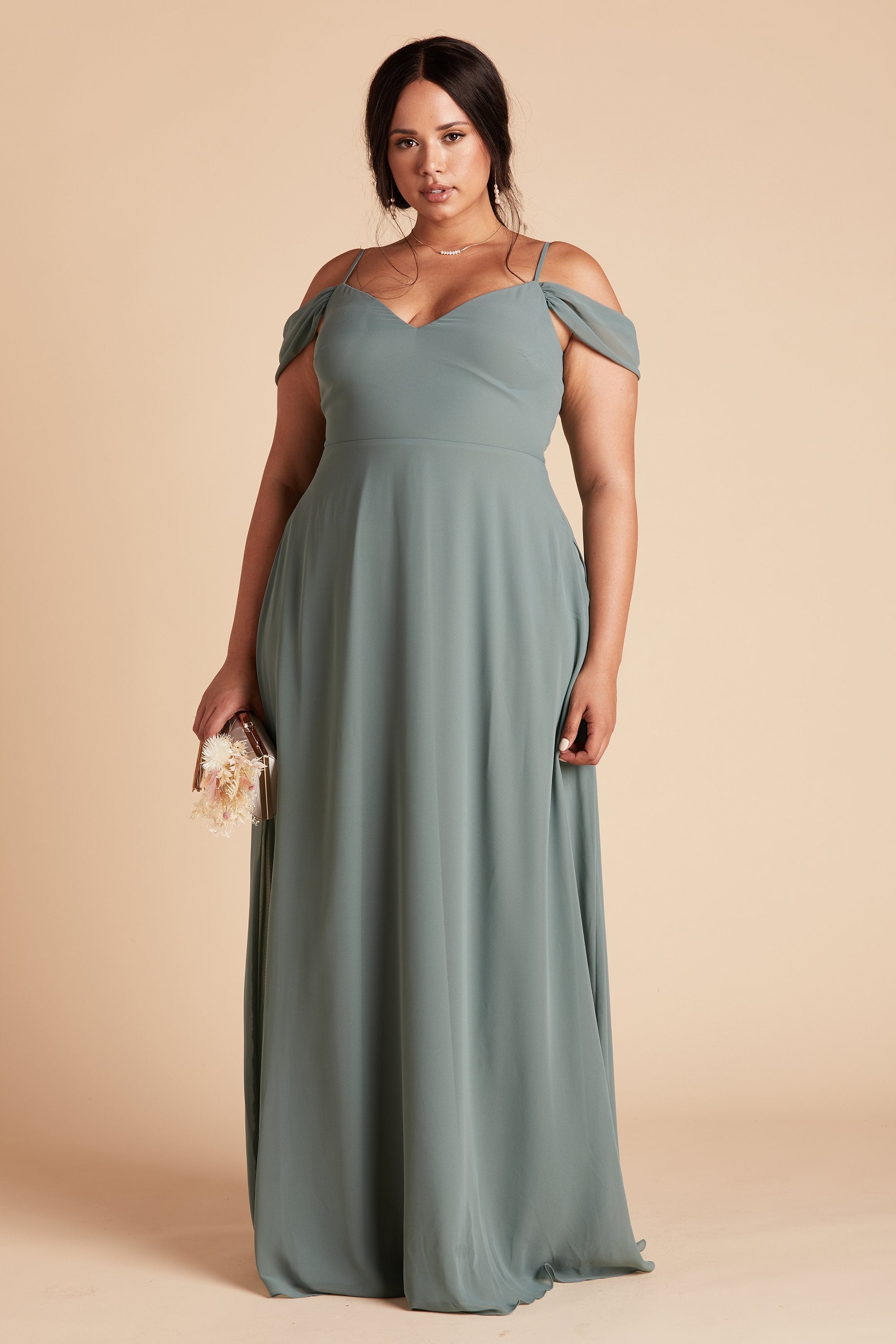 Devin convertible plus size bridesmaids dress in sea glass green chiffon by Birdy Grey, front view