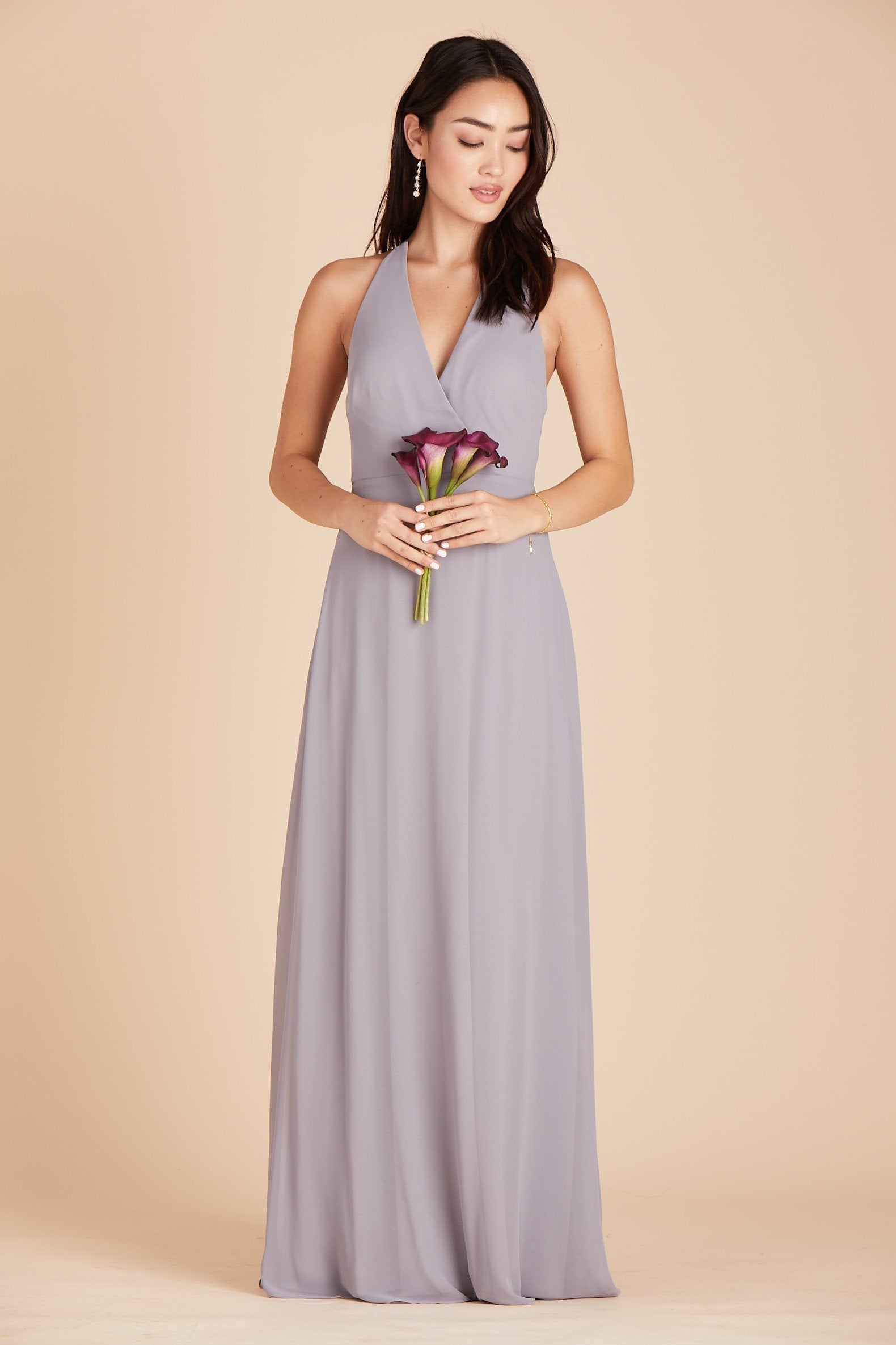 Moni convertible bridesmaids dress in silver chiffon by Birdy Grey, front view