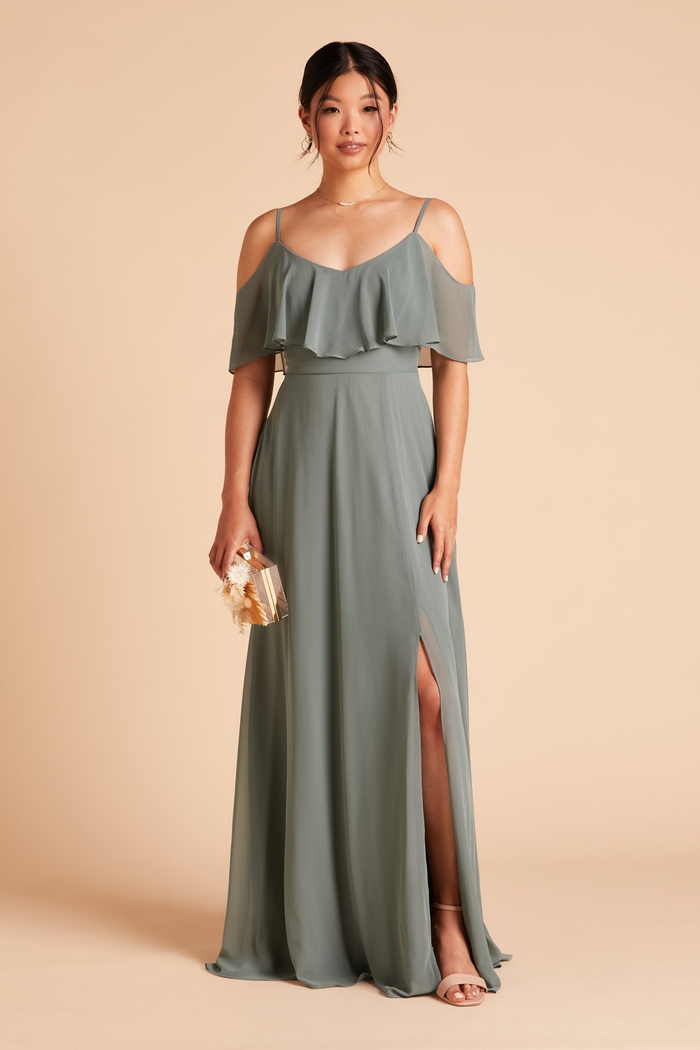 Jane convertible bridesmaid dress with slit in sea glass green chiffon by Birdy Grey, front view