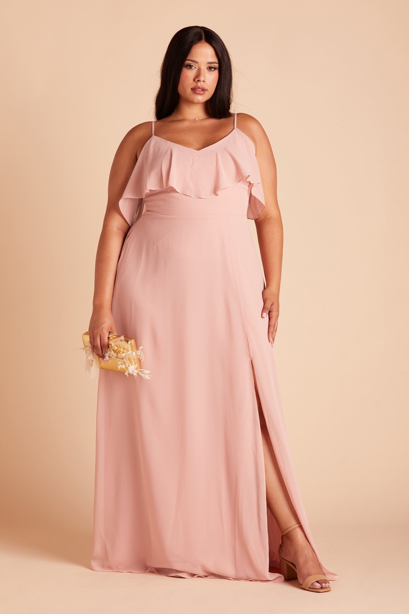 Jane convertible plus size bridesmaid dress with slit in dusty rose chiffon by Birdy Grey, front view