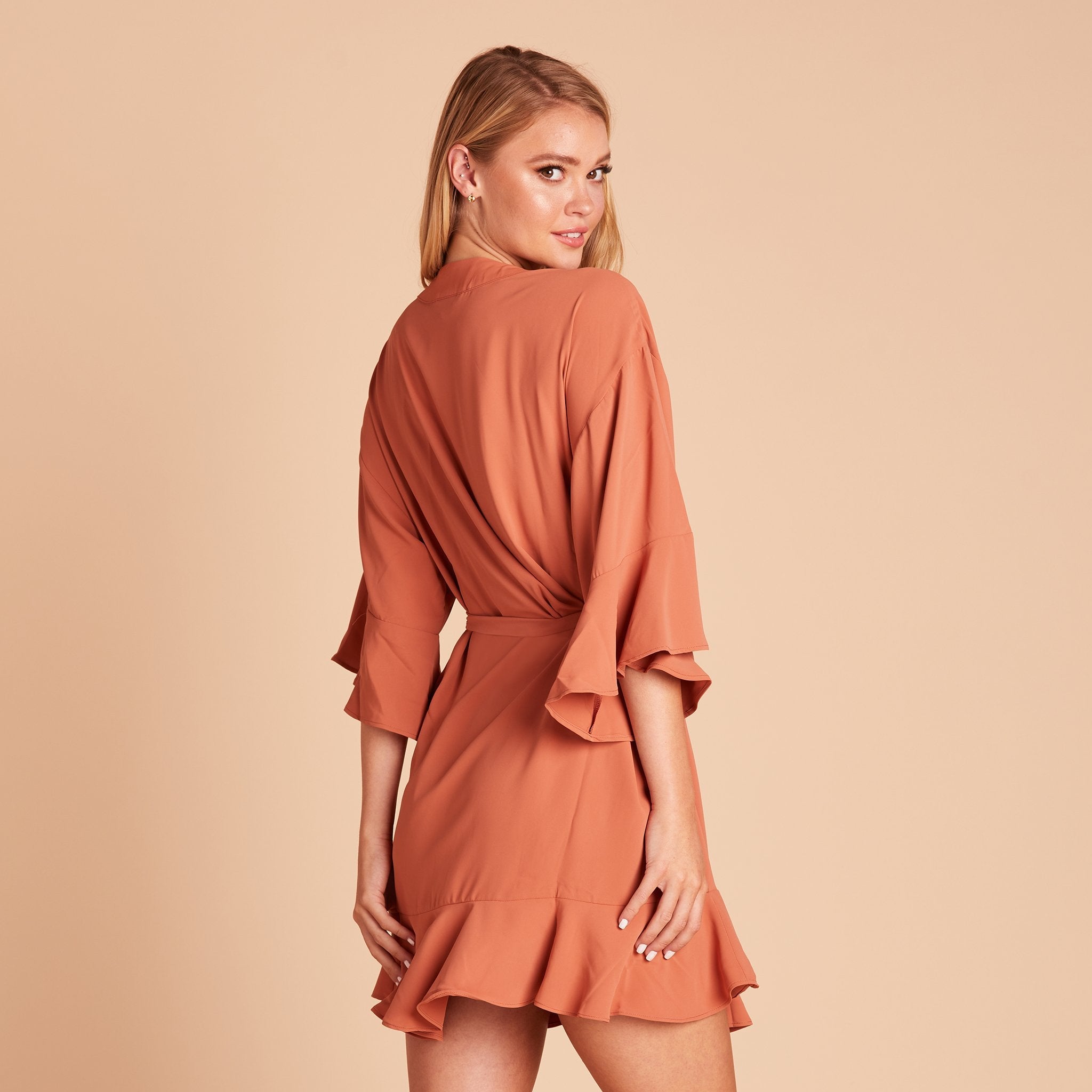 Kenny Ruffle Robe in terracotta by Birdy Grey, back view