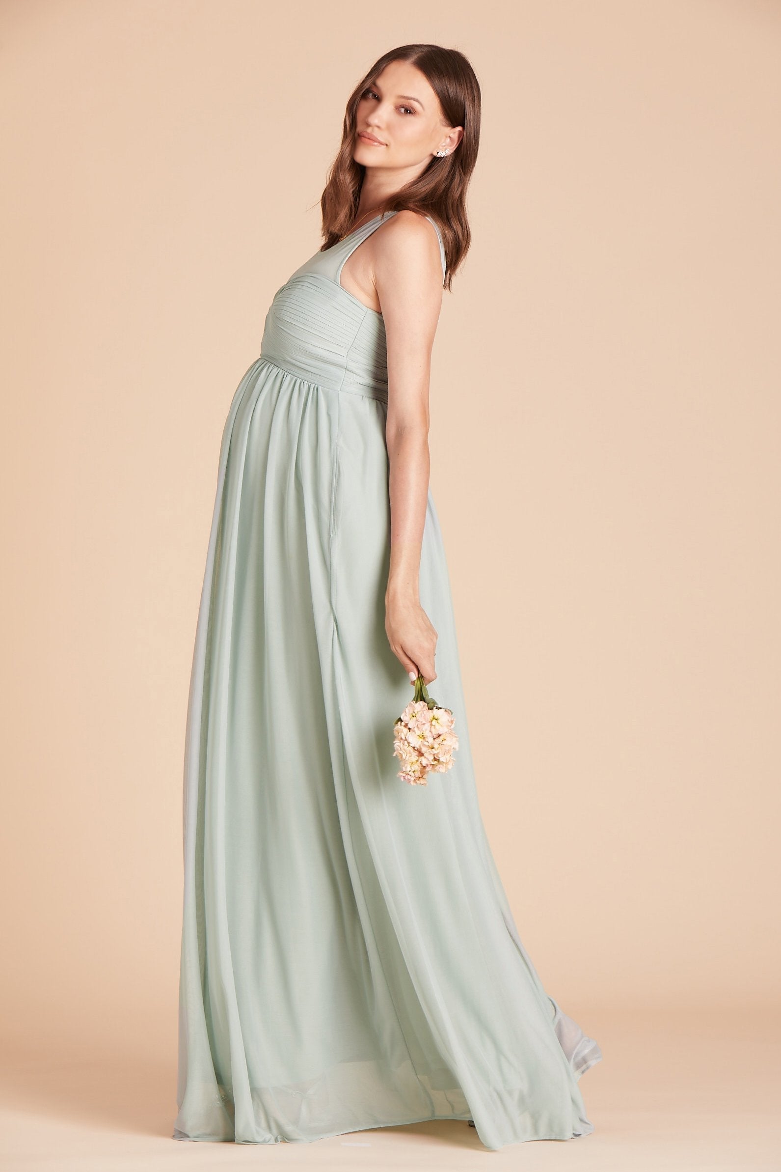 Ryan bridesmaid dress in sage green chiffon by Birdy Grey, side view