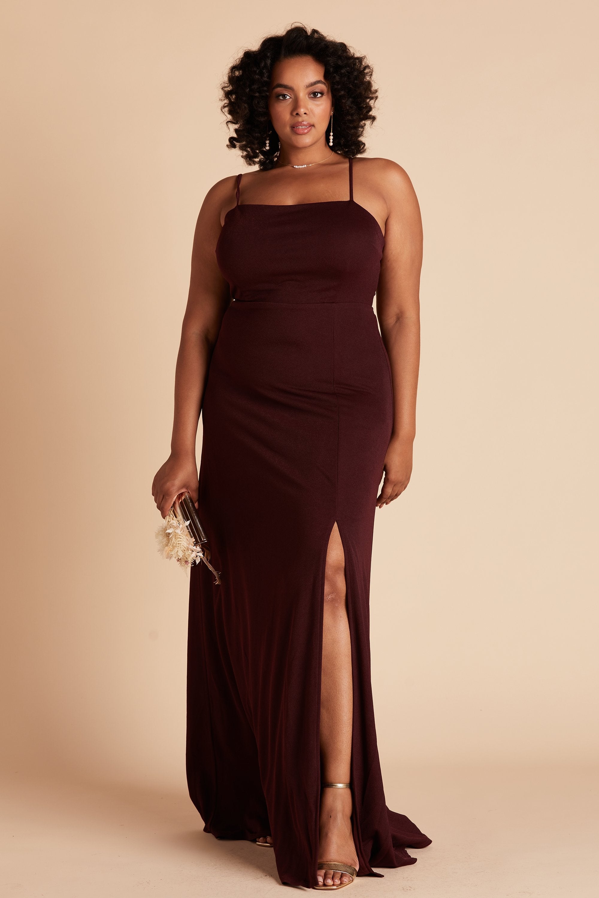 Benny plus size bridesmaid dress with slitin cabernet burgundy crepe by Birdy Grey, front view