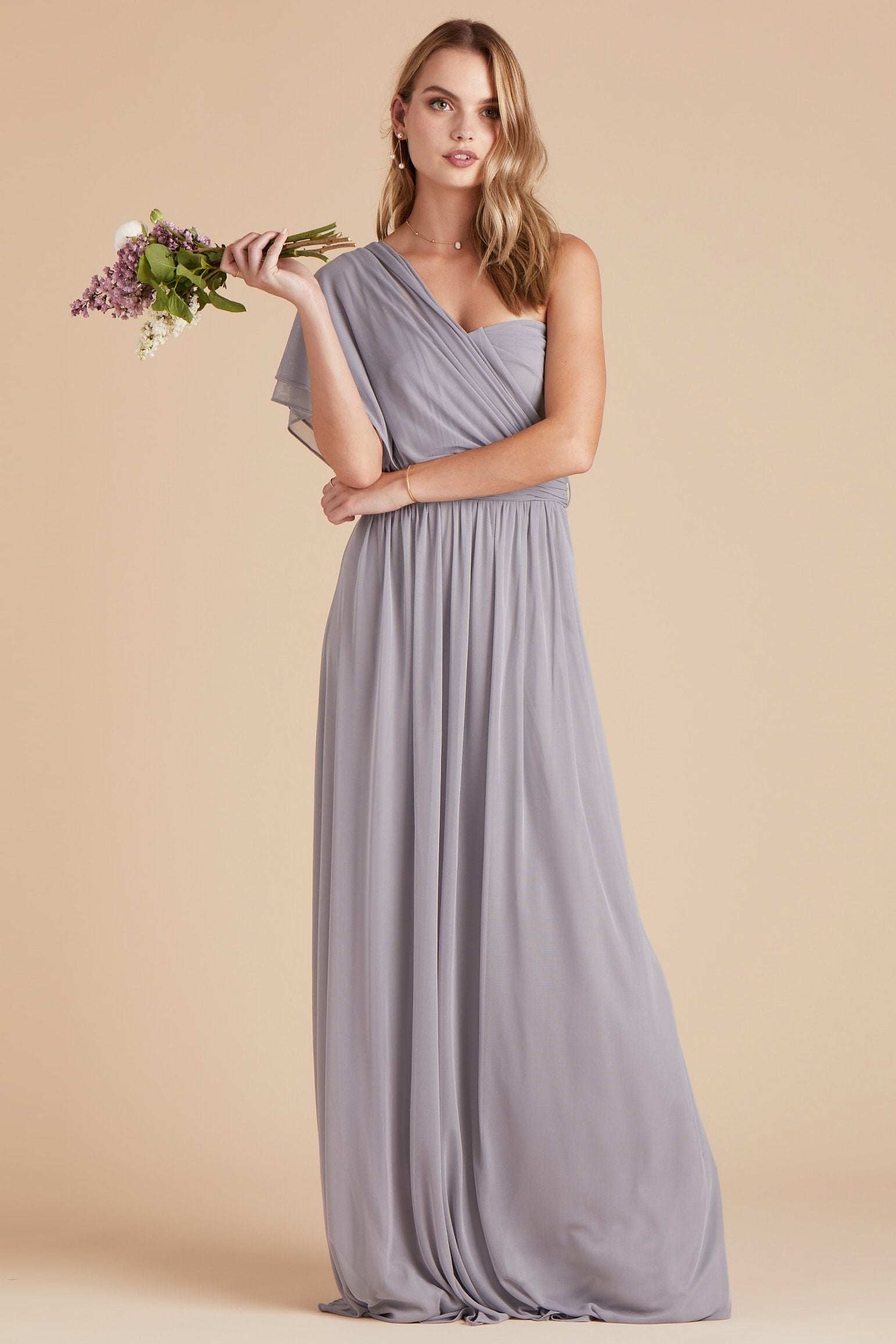 Chicky convertible bridesmaid dress in silver mesh by Birdy Grey, front view