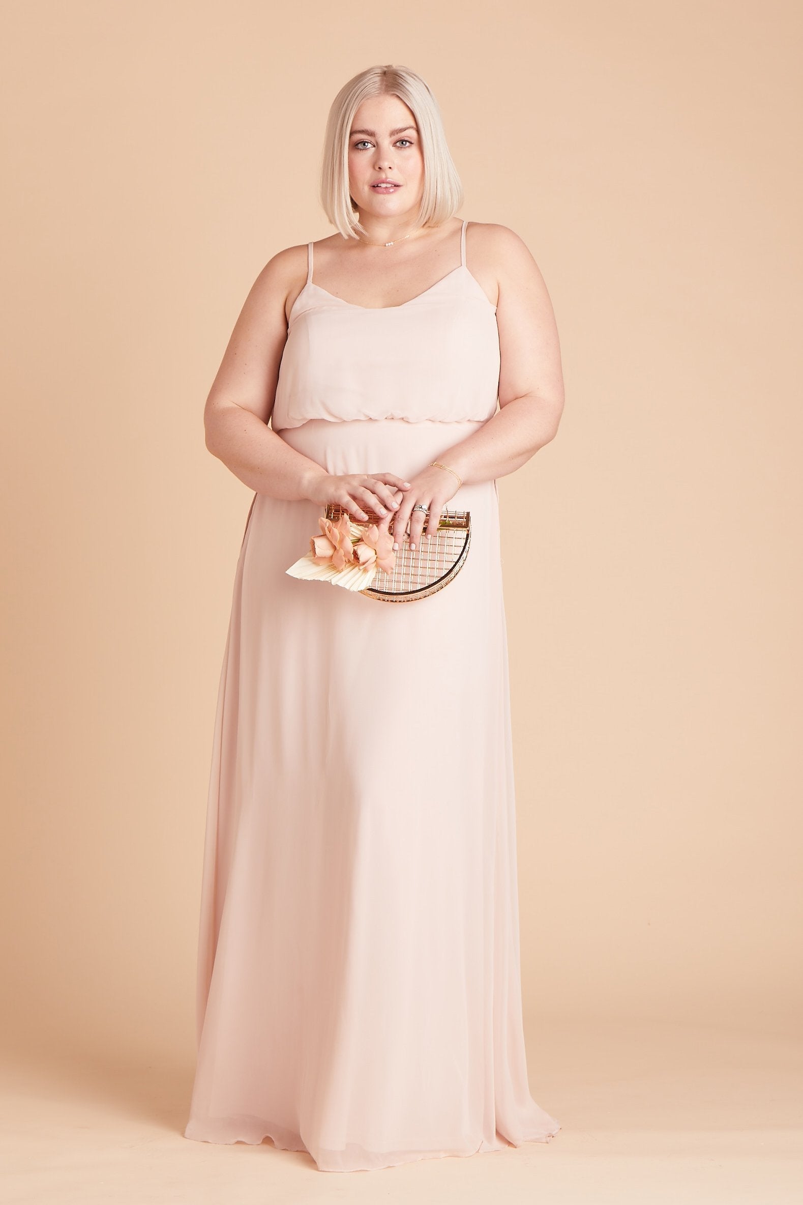 Gwennie plus size bridesmaid dress in pale blush chiffon by Birdy Grey, front view