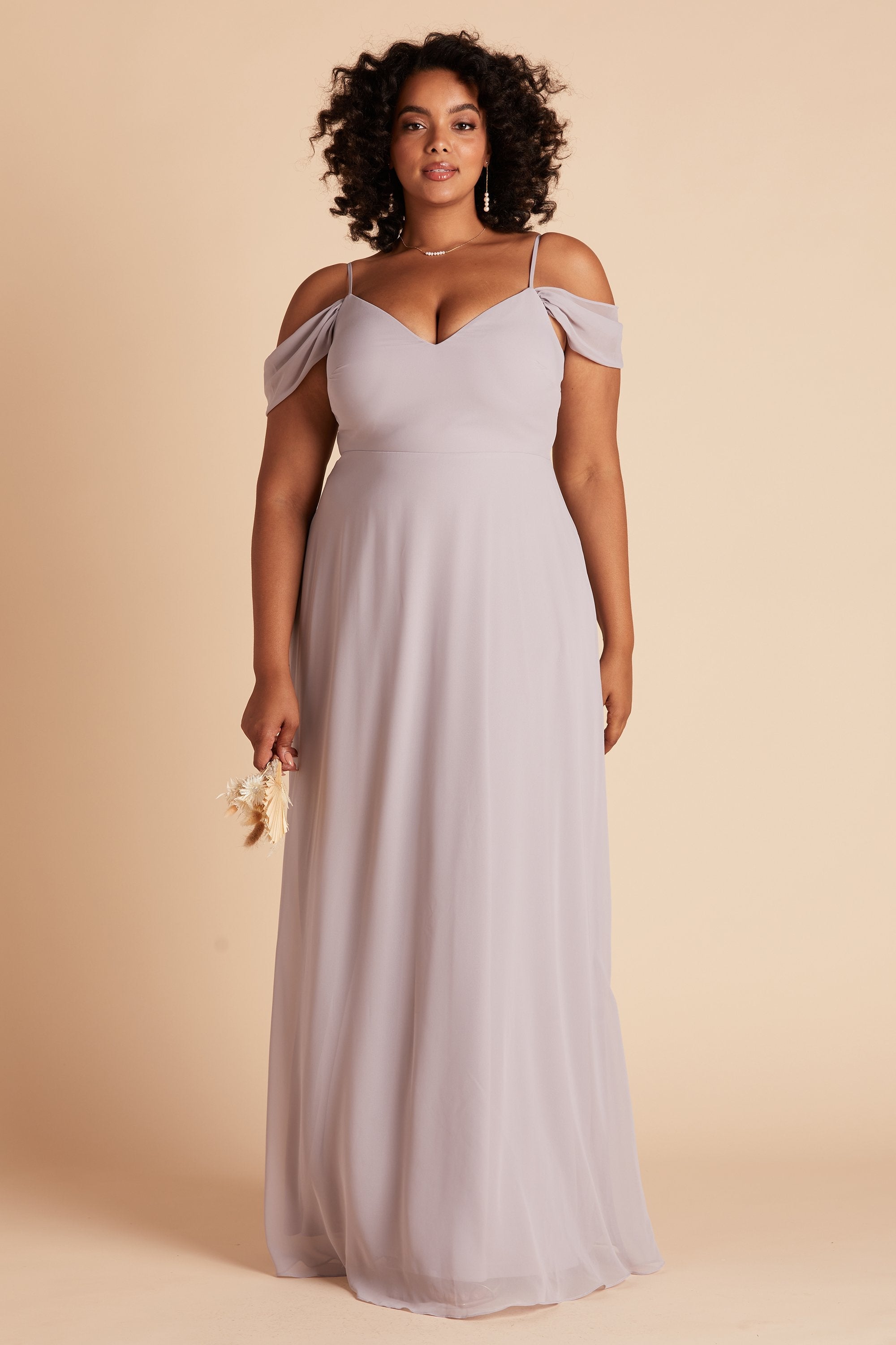 Devin convertible plus size bridesmaids dress in lilac purple chiffon by Birdy Grey, front view