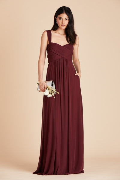 Maria convertible bridesmaids dress in cabernet burgundy chiffon by Birdy Grey, front view with hand in pocket