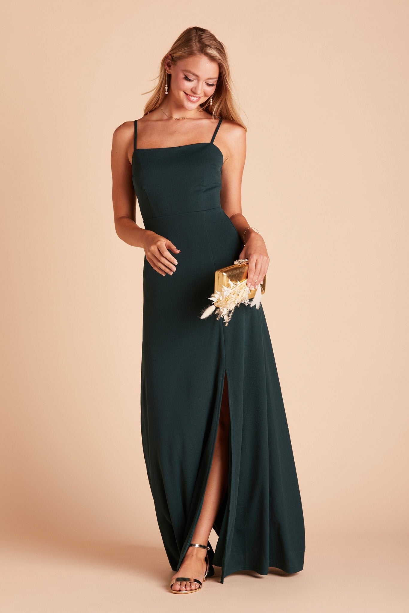 Benny bridesmaid dress with slit in emerald green crepe by Birdy Grey, front view