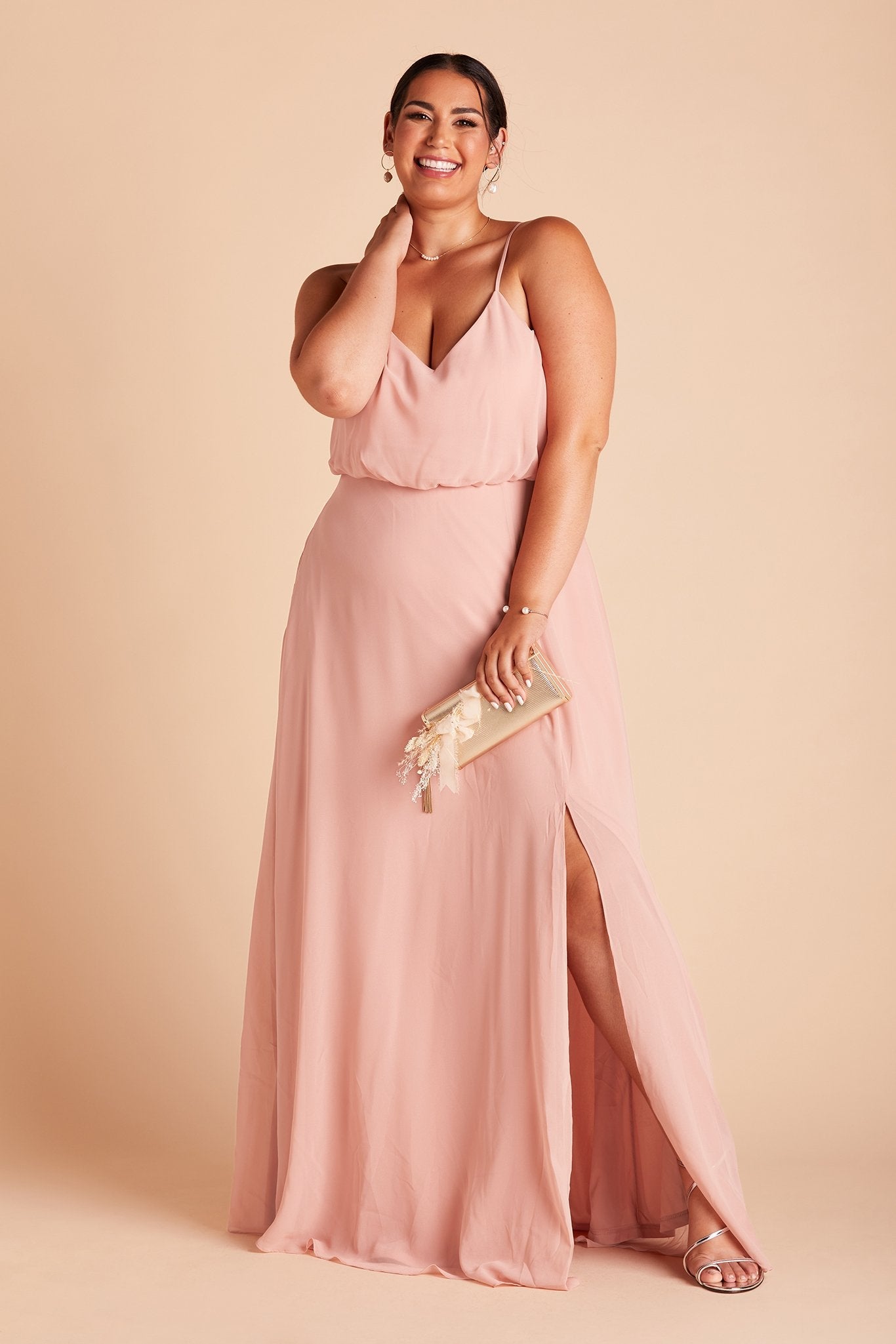 Gwennie plus size bridesmaid dress with slit in dusty rose chiffon by Birdy Grey, front view