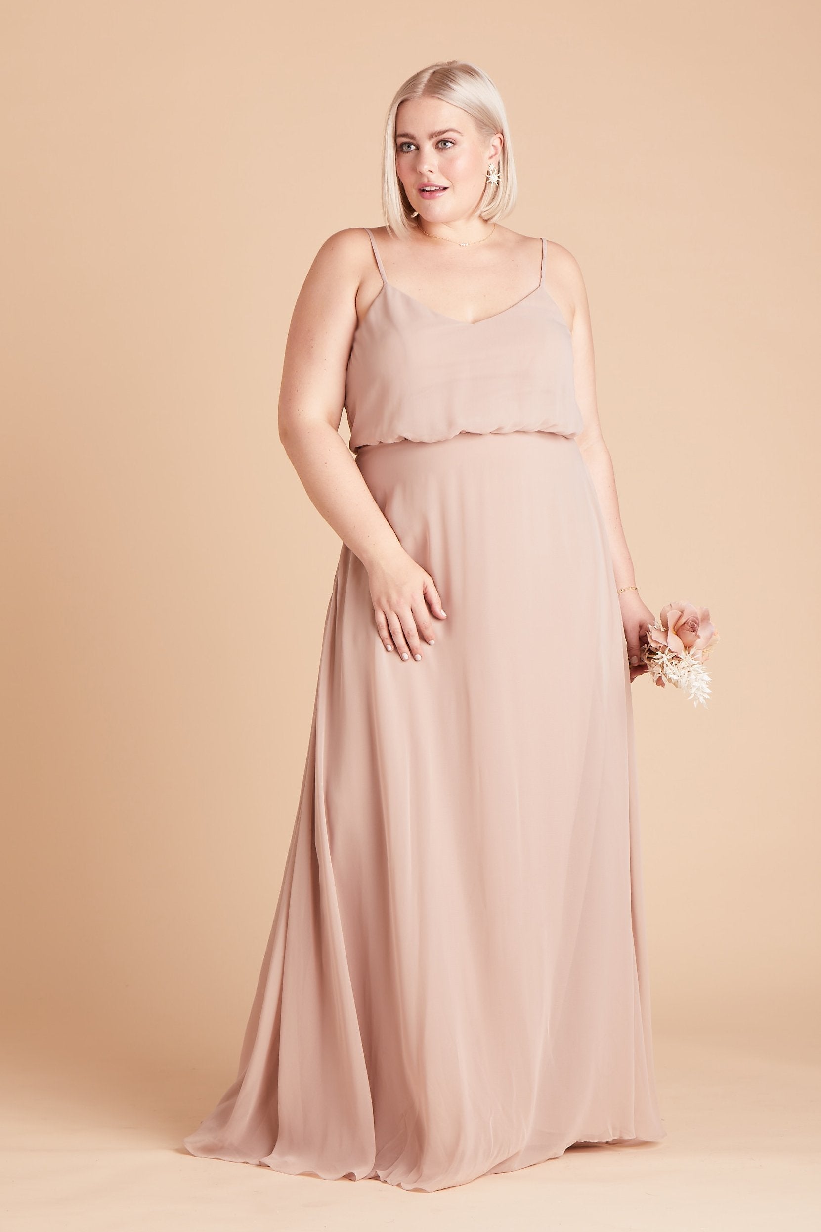 Gwennie plus size bridesmaid dress in taupe chiffon by Birdy Grey, front view