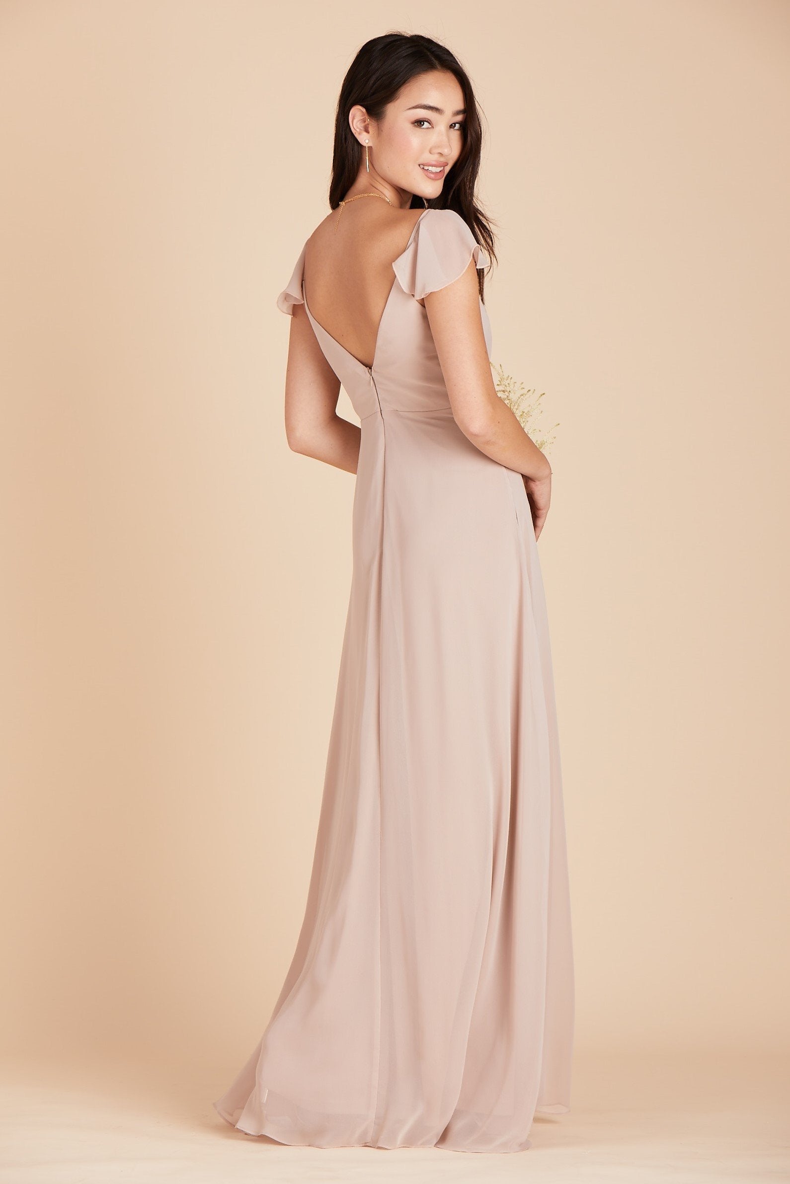 Kae bridesmaids dress in taupe chiffon by Birdy Grey, side view