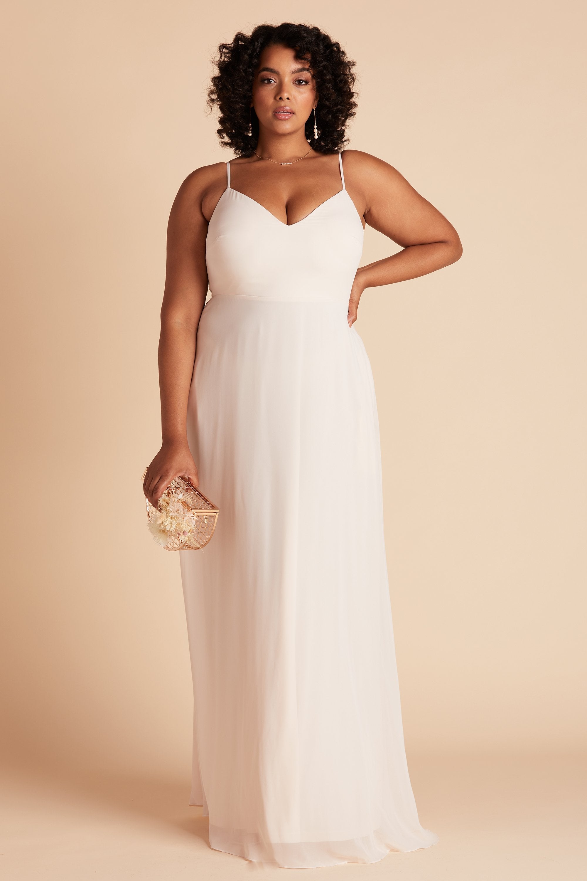 Devin convertible plus size bridesmaids dress in champagne chiffon by Birdy Grey, front view