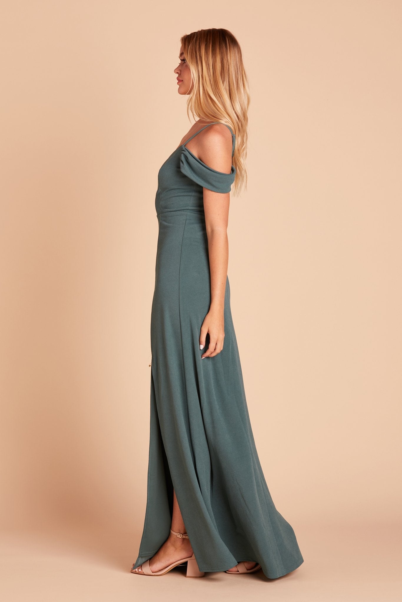 Dev bridesmaid dress with slit in sea glass green crepe by Birdy Grey, side view