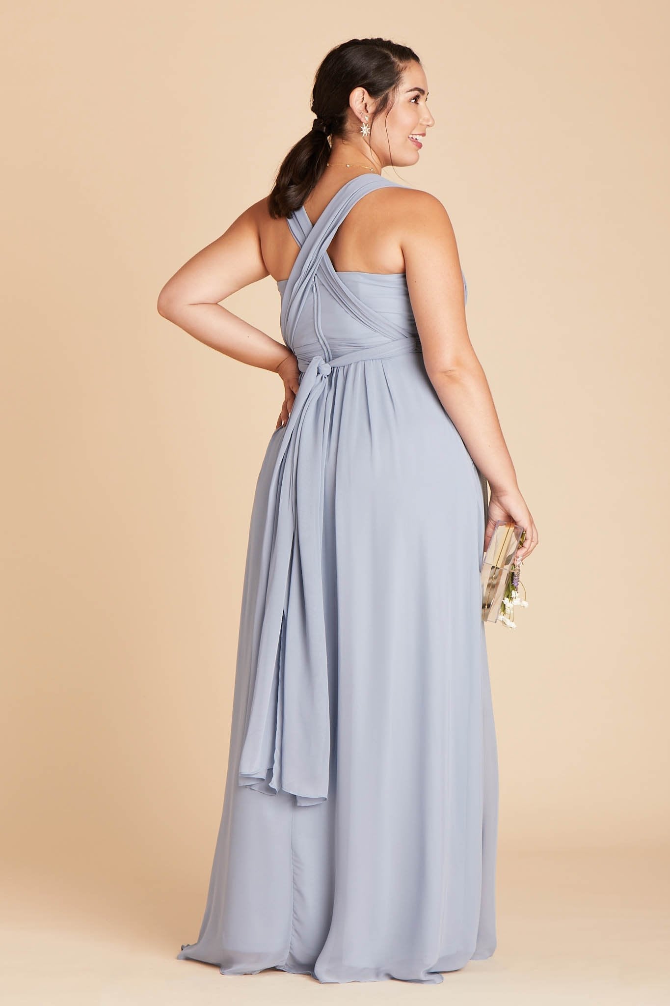 Grace convertible plus size bridesmaid dress in dusty blue chiffon by Birdy Grey, back view