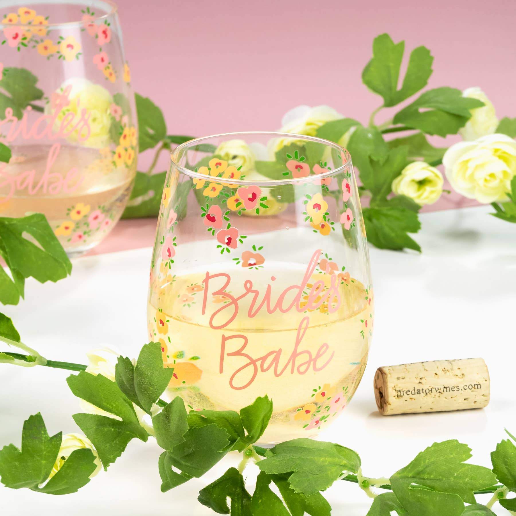 Bride's babe stemless wine glass by Birdy Grey, front view