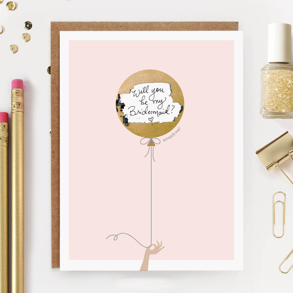 Bridesmaid Balloon Scratch-Off Card in pink by Birdy Grey, front view