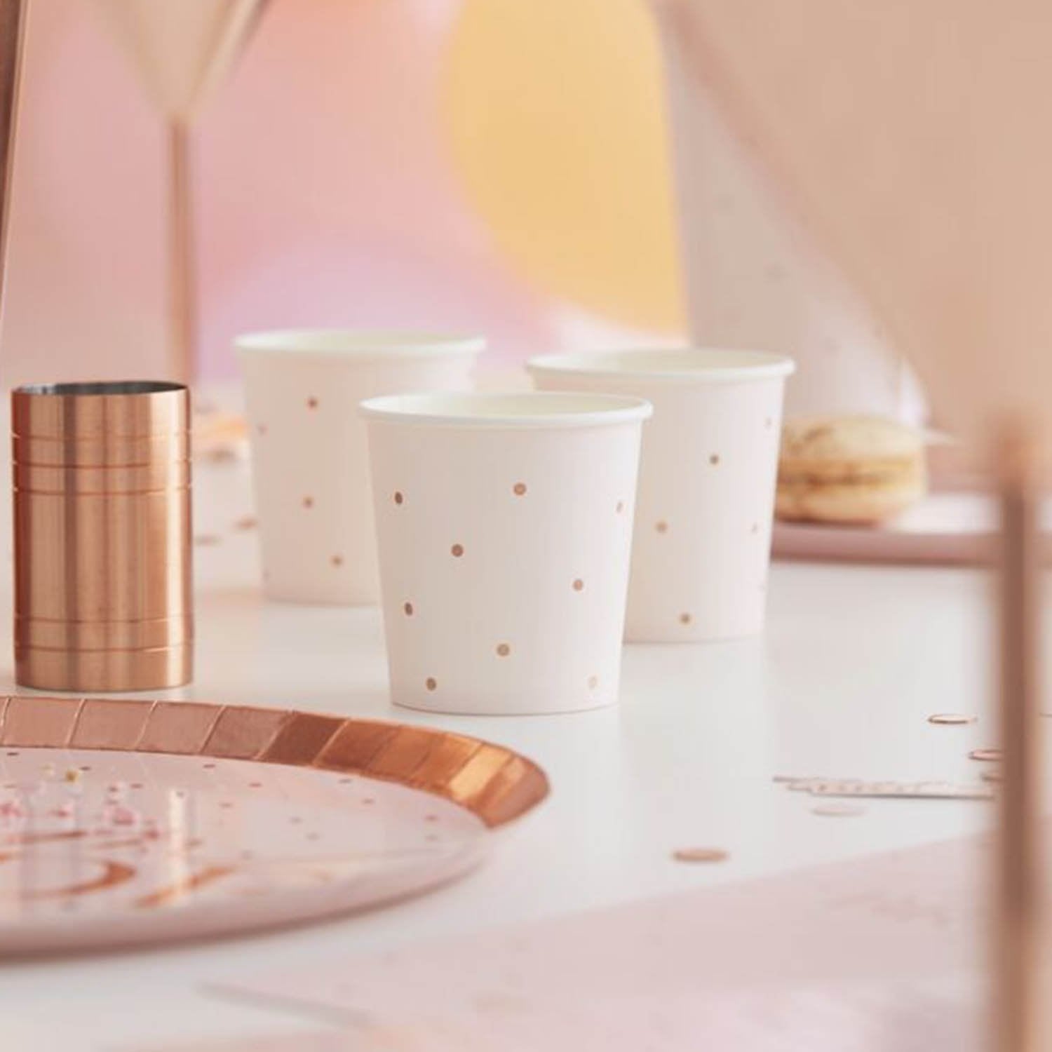 Paper Shot glasses in rose gold foil by Birdy Grey, front view