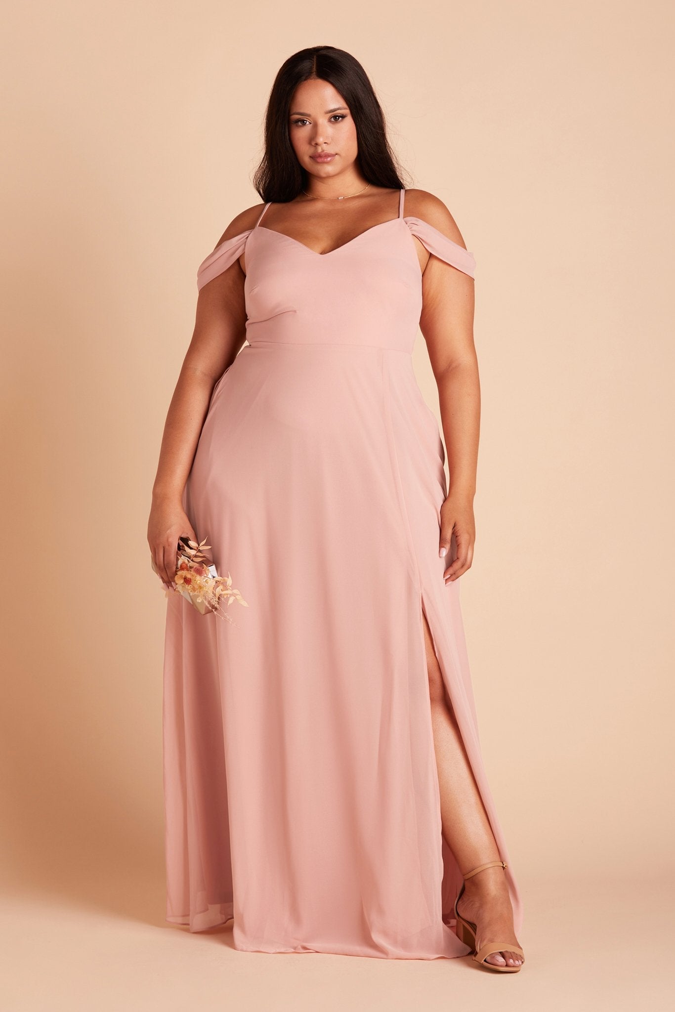 Devin convertible plus size bridesmaids dress with slit in dusty rose chiffon by Birdy Grey, front view