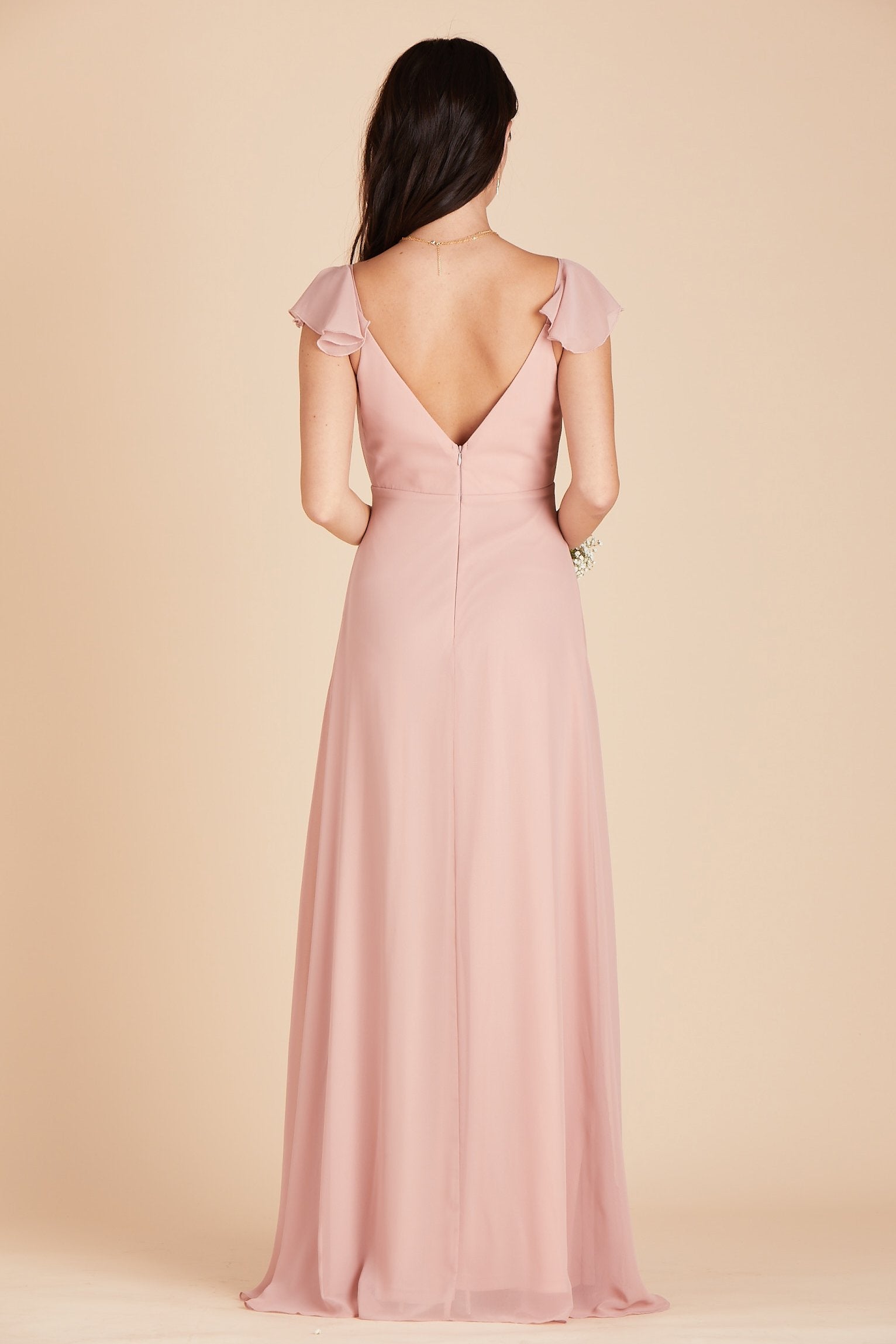 Kae bridesmaids dress in dusty rose pink chiffon by Birdy Grey, back view 