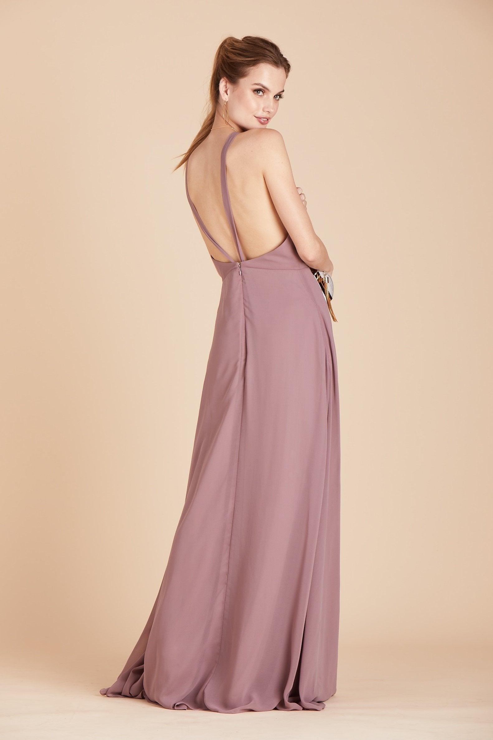 Moni convertible bridesmaids dress in dark mauve purple chiffon by Birdy Grey, back view