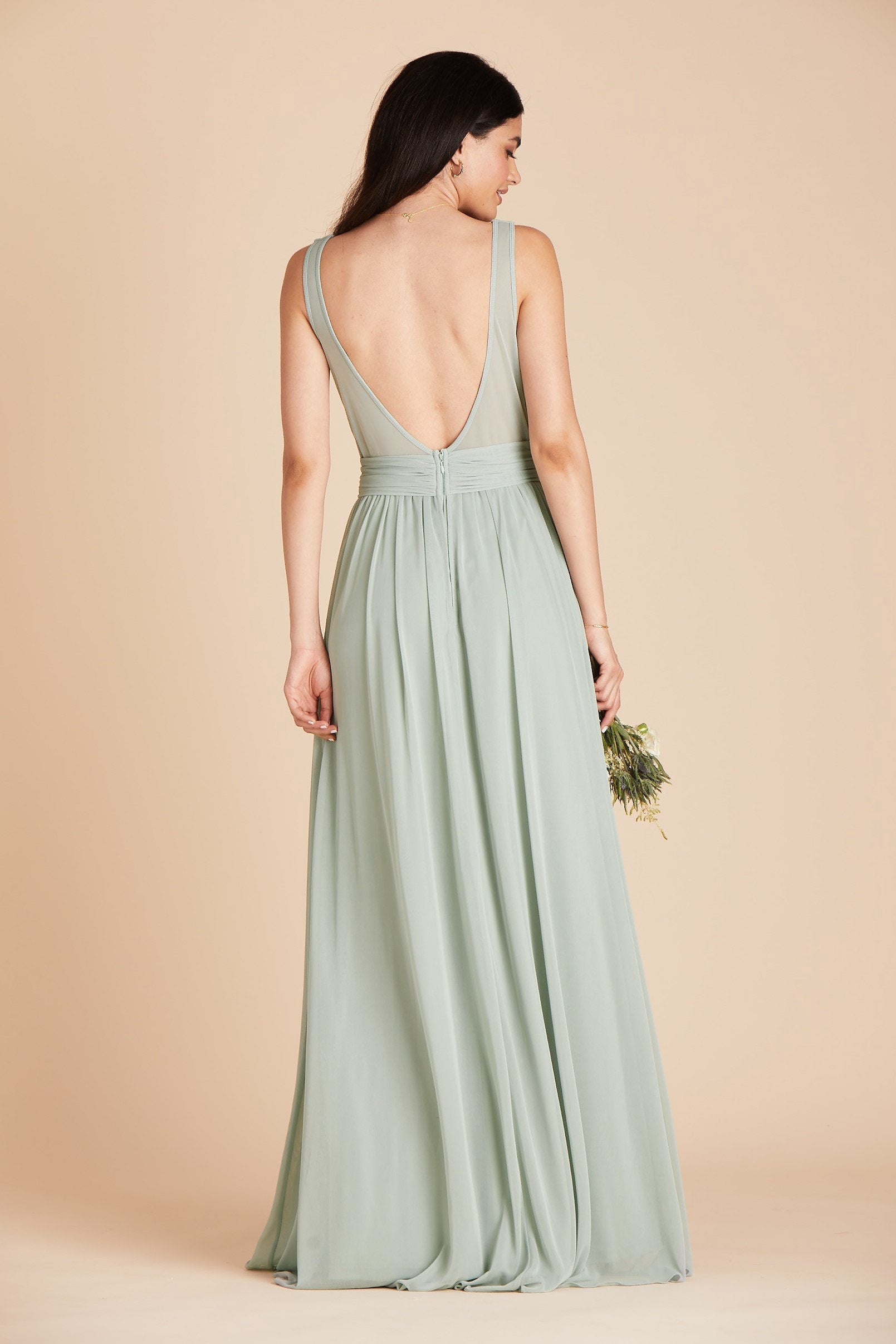 Jan bridesmaid dress in sage green mesh by Birdy Grey, back view