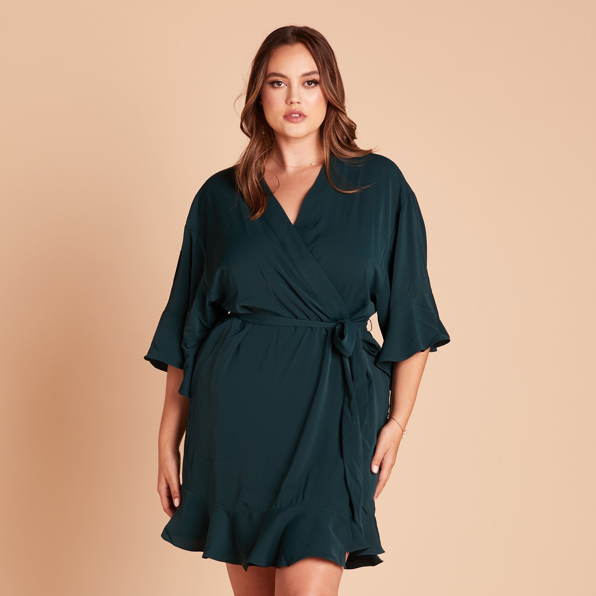 Kenny Ruffle Robe in emerald green by Birdy Grey, front view