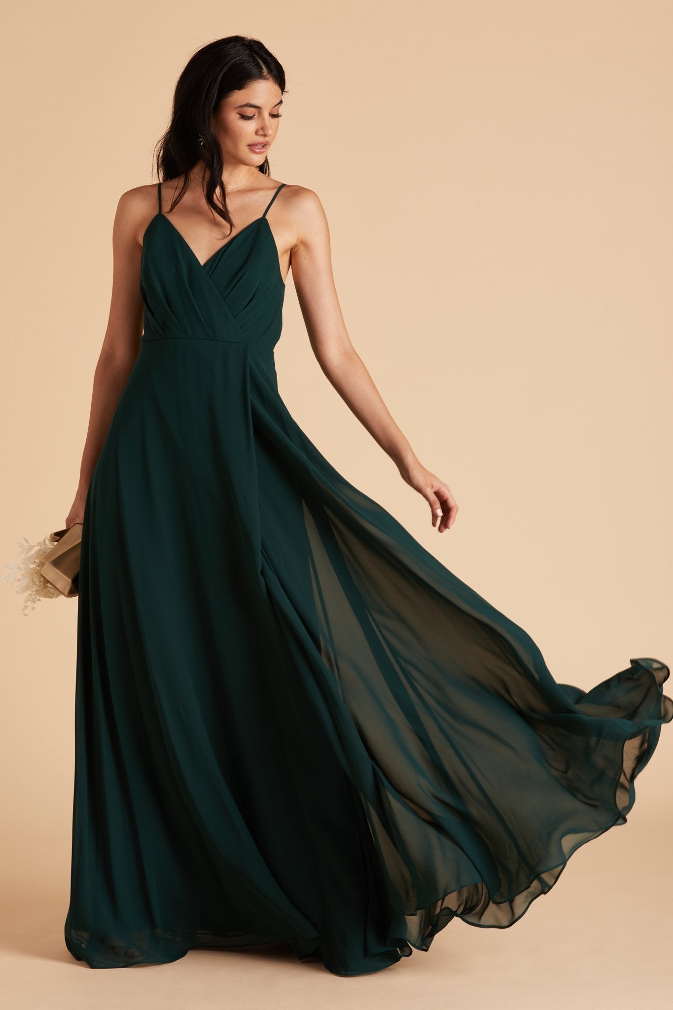 Kaia bridesmaids dress in emerald green chiffon by Birdy Grey, front view