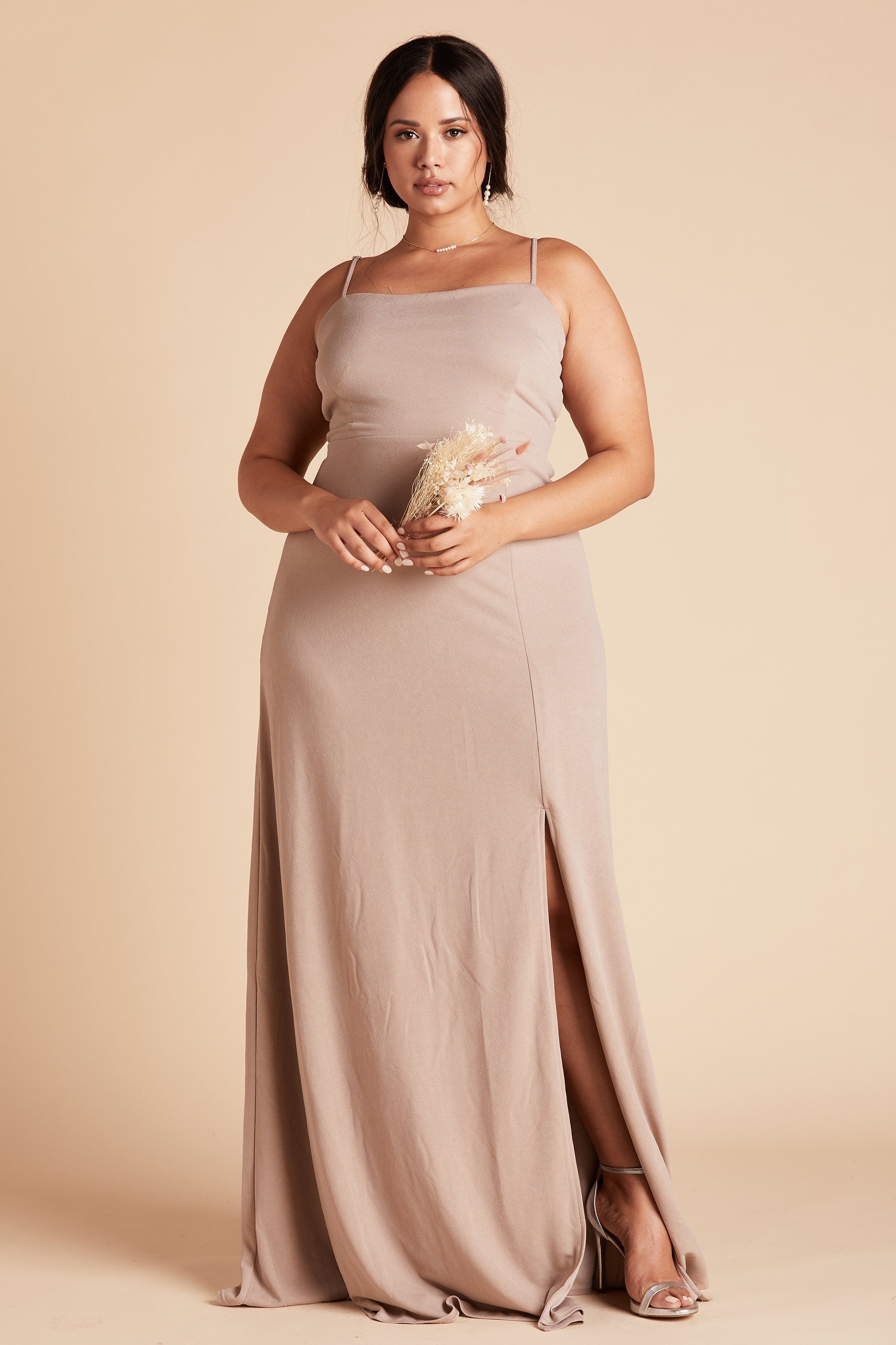 Benny plus size bridesmaid dress with slit in taupe crepe by Birdy Grey, front view